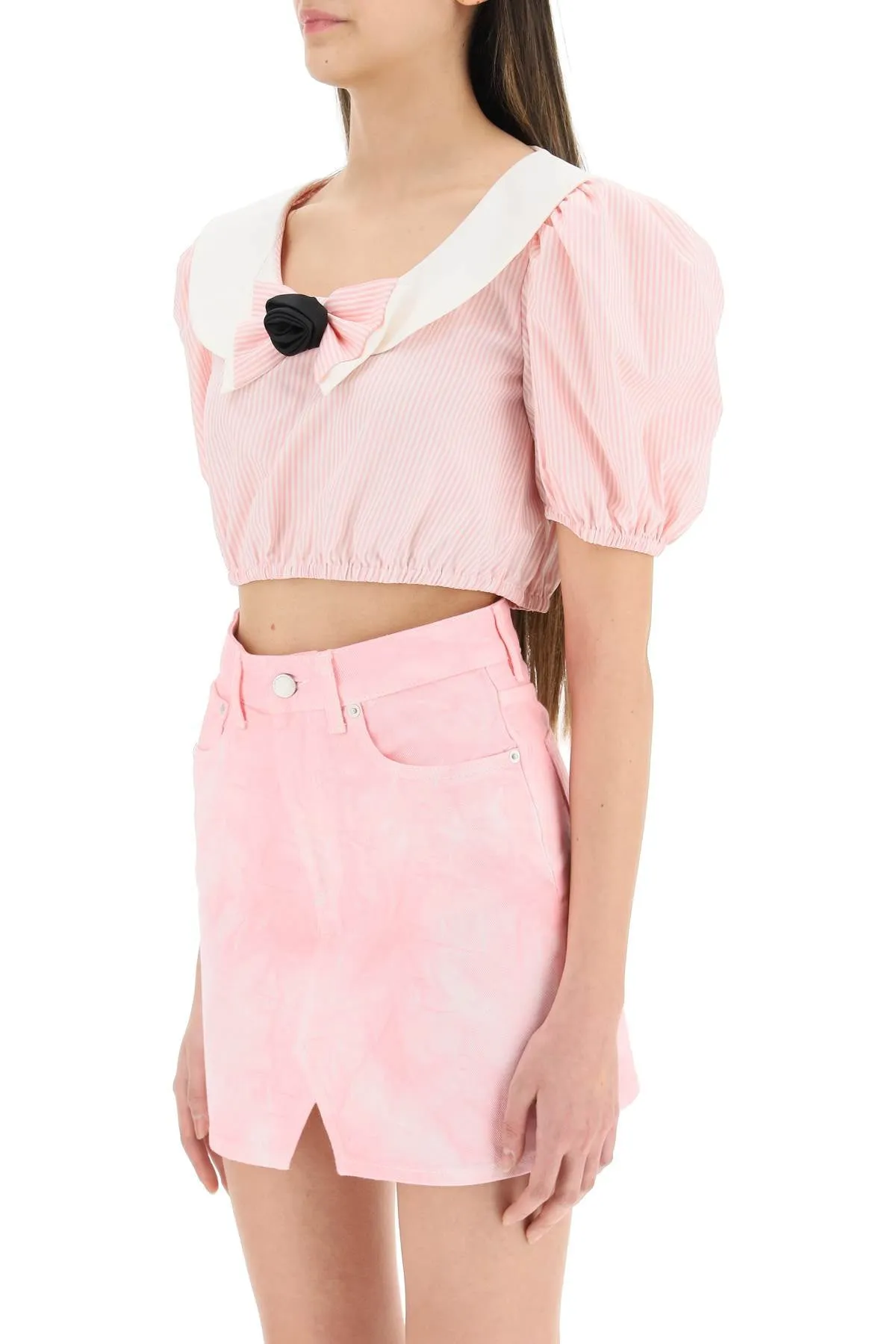 Alessandra Rich Bow Detailed Striped Cropped Top