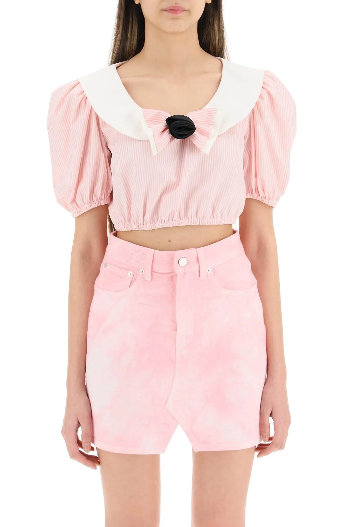 Alessandra Rich Bow Detailed Striped Cropped Top