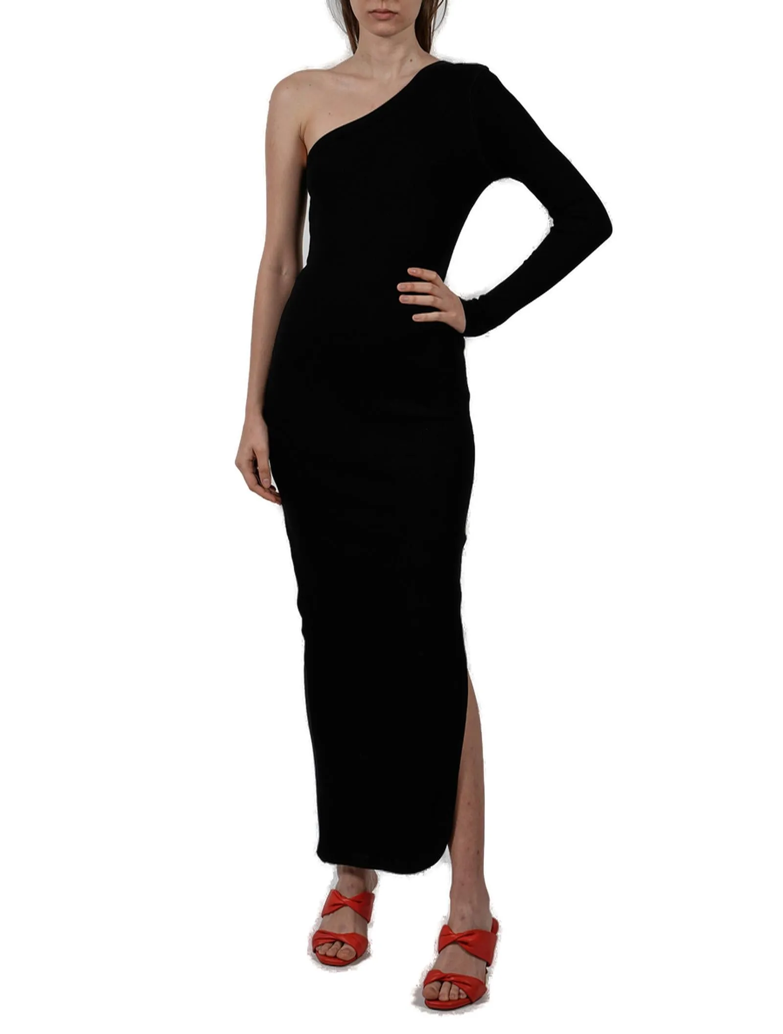 AMI One-Shoulder Ribbed Knit Maxi Dress