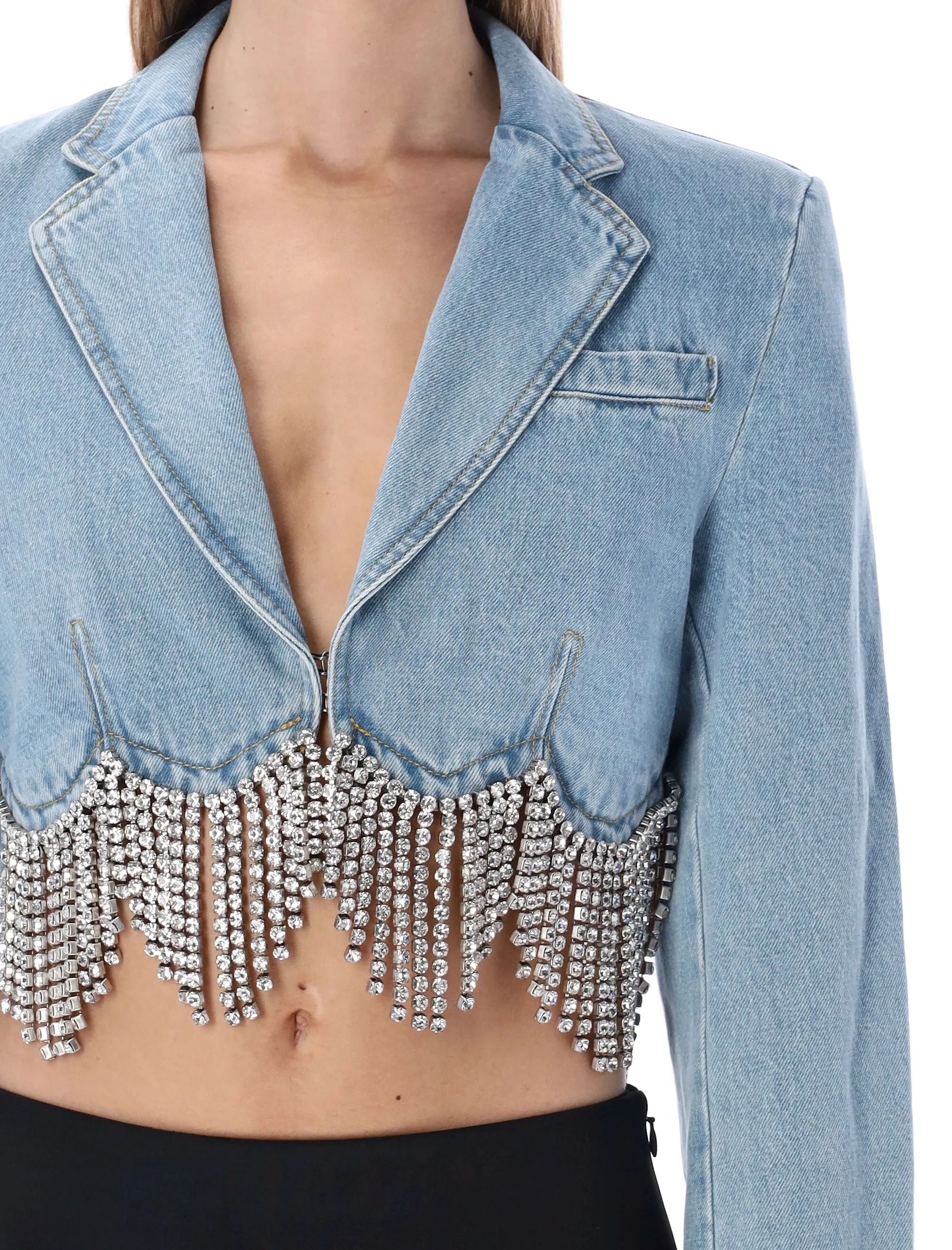 Area Embellished Long-Sleeved Cropped Denim Jacket