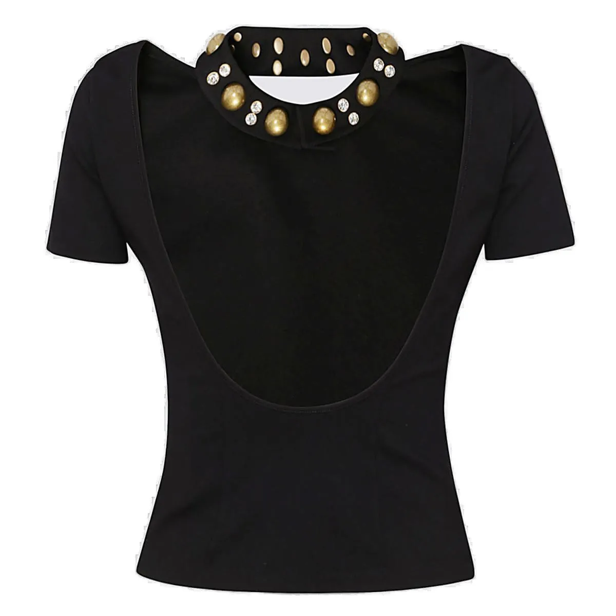 Area Studded Collar Cut-Out Detailed T-Shirt