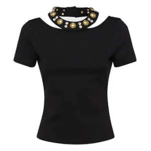 Area Studded Collar Cut-Out Detailed T-Shirt