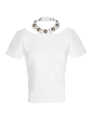 Area Studded Collar Cut-Out Detailed T-Shirt