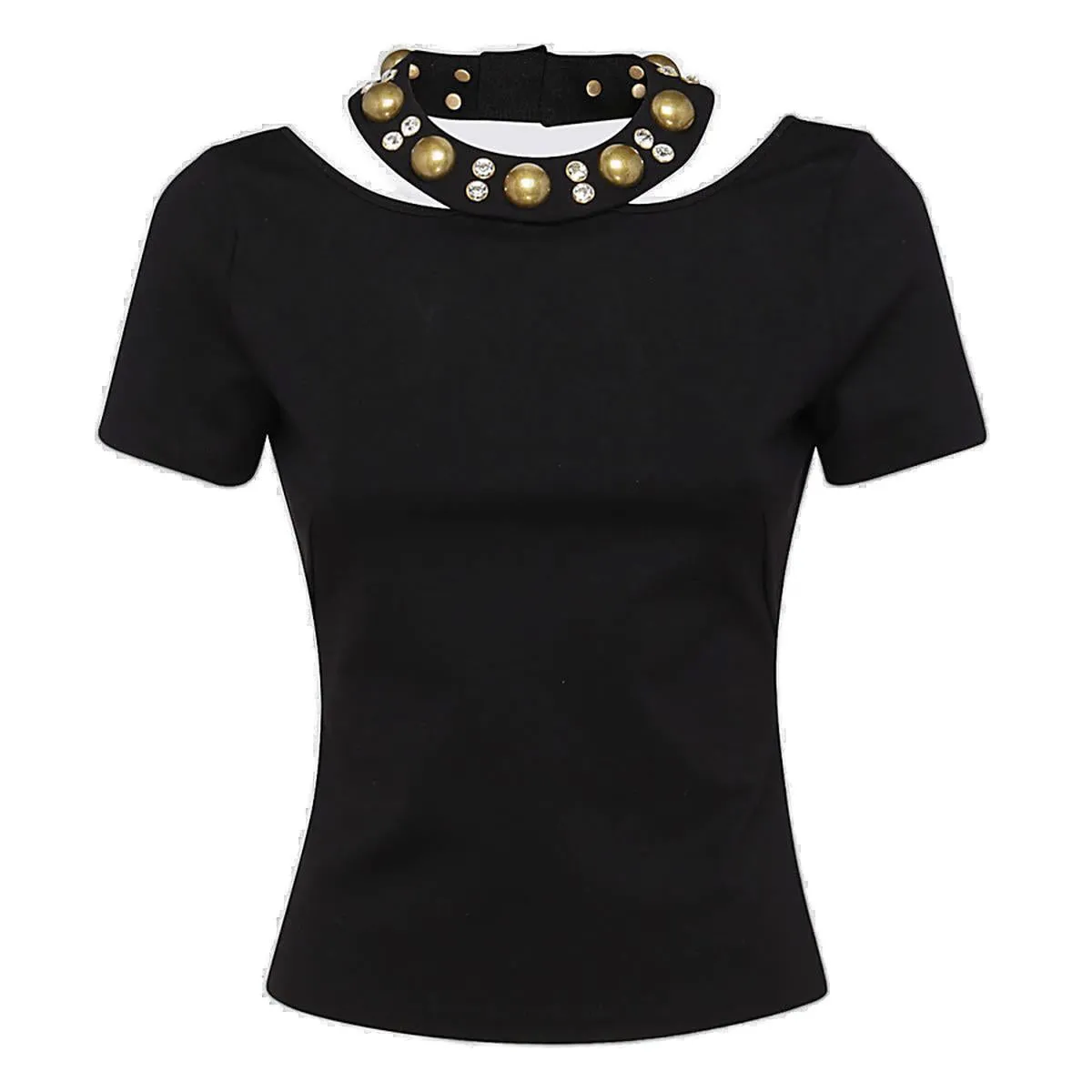 Area Studded Collar Cut-Out Detailed T-Shirt