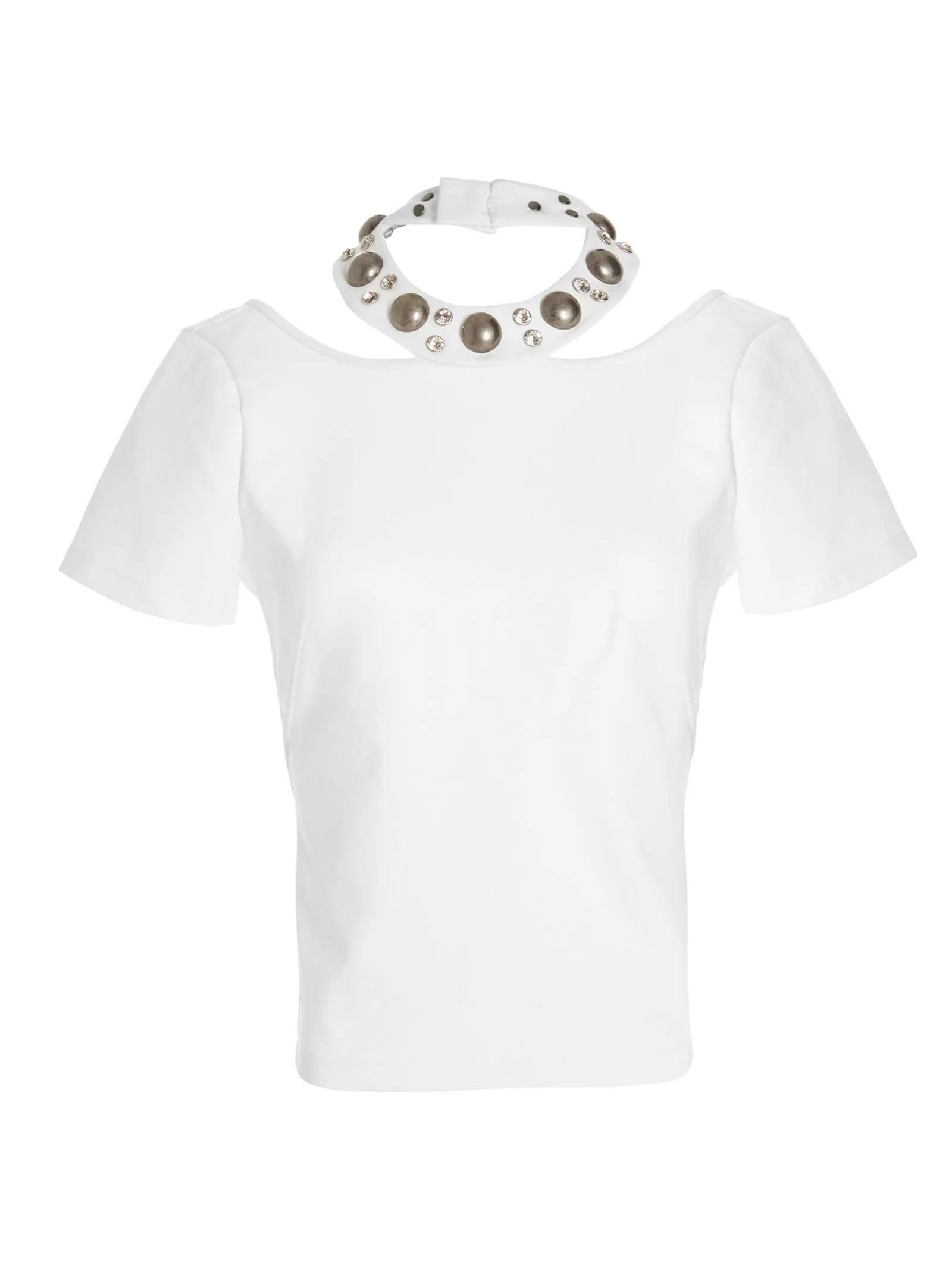 Area Studded Collar Cut-Out Detailed T-Shirt
