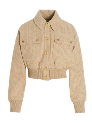 Balmain Allover Logo Jacquard Cropped Bomber Jacket