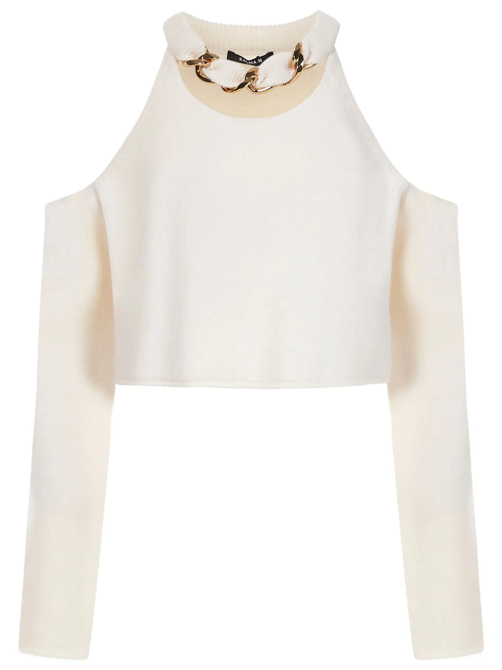 Balmain Cold-Shoulder Cut Out Cropped Knitted Top