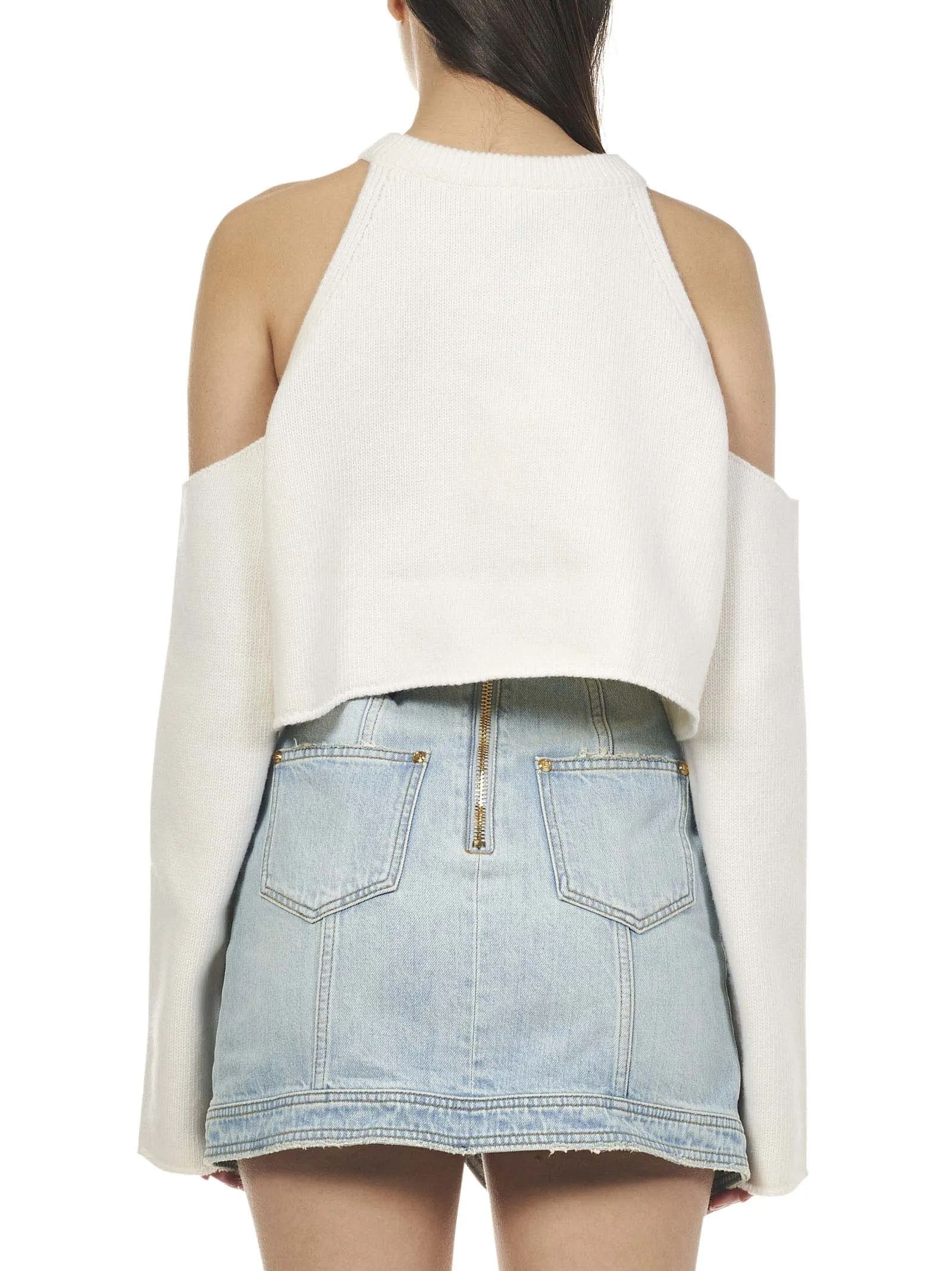 Balmain Cold-Shoulder Cut Out Cropped Knitted Top