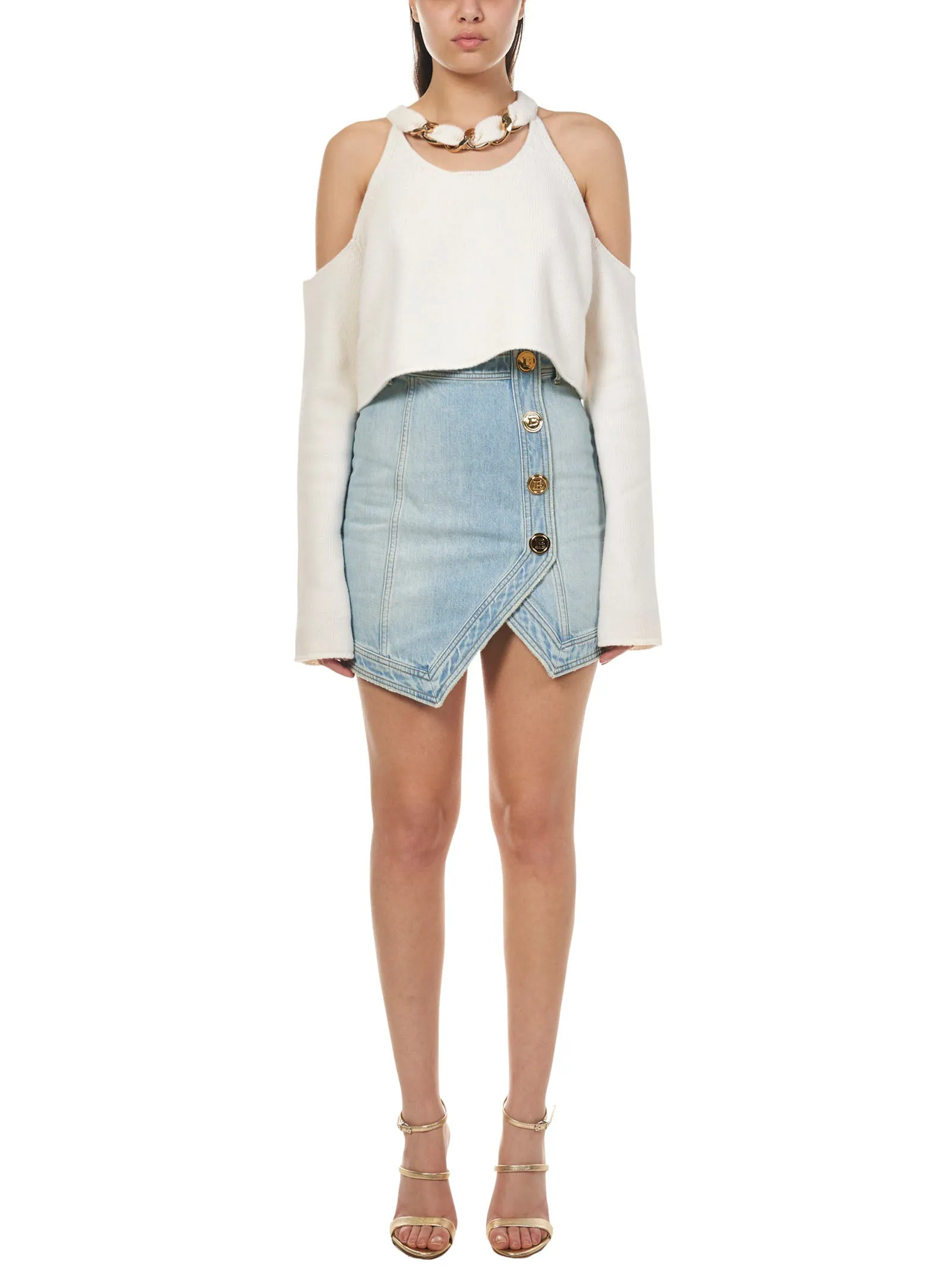 Balmain Cold-Shoulder Cut Out Cropped Knitted Top