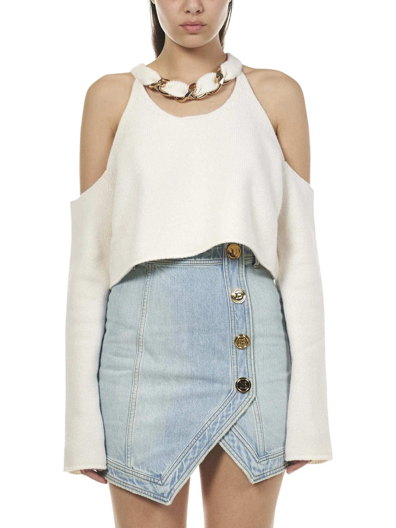 Balmain Cold-Shoulder Cut Out Cropped Knitted Top