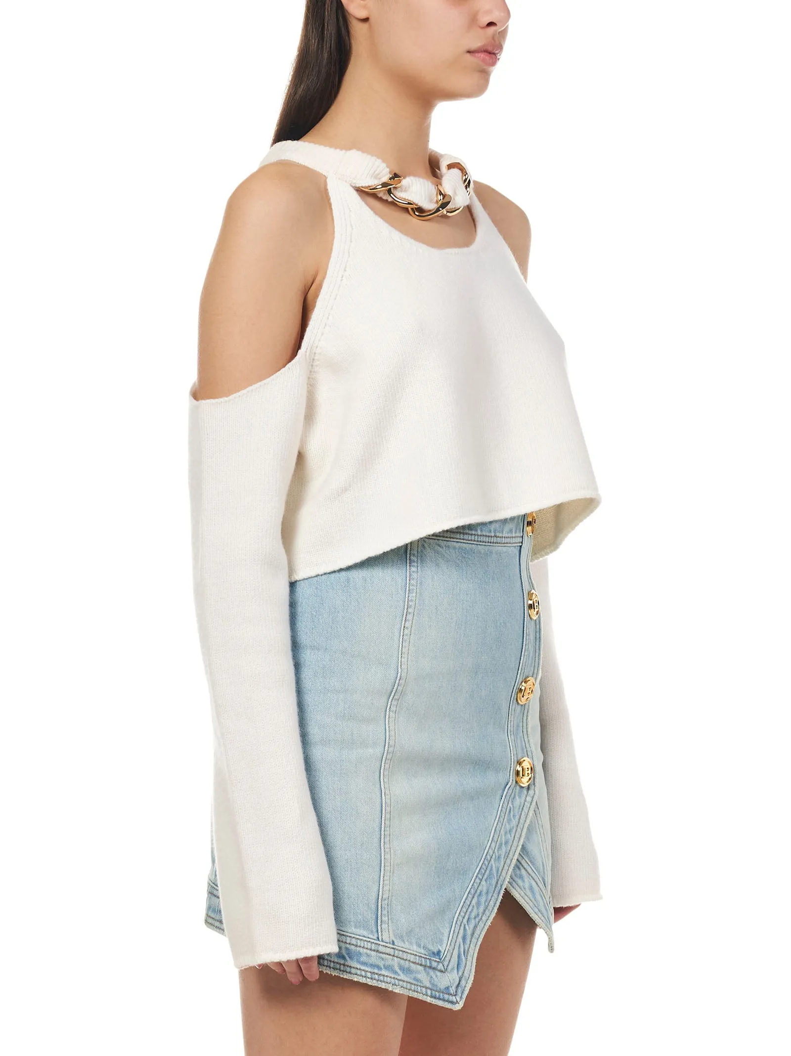 Balmain Cold-Shoulder Cut Out Cropped Knitted Top
