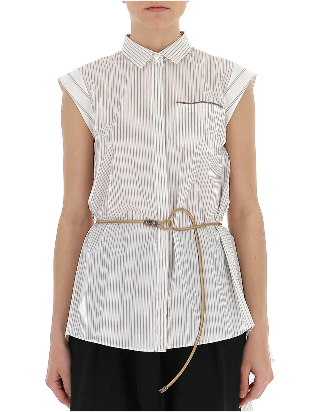 Brunello Cucinelli Asymmetric Striped Belted Shirt