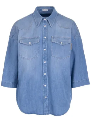 Brunello Cucinelli Mid-Sleeve Denim Shirt