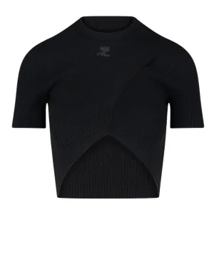 Courrges Logo Detailed Ribbed-Knit Cropped Top