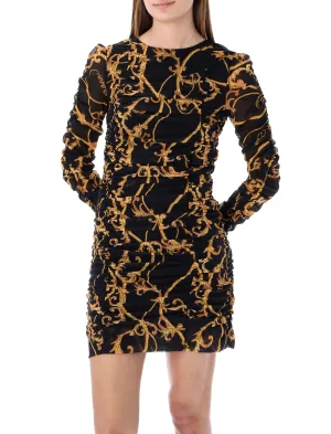Ganni Chain Printed Ruched Crewneck Mini Dress