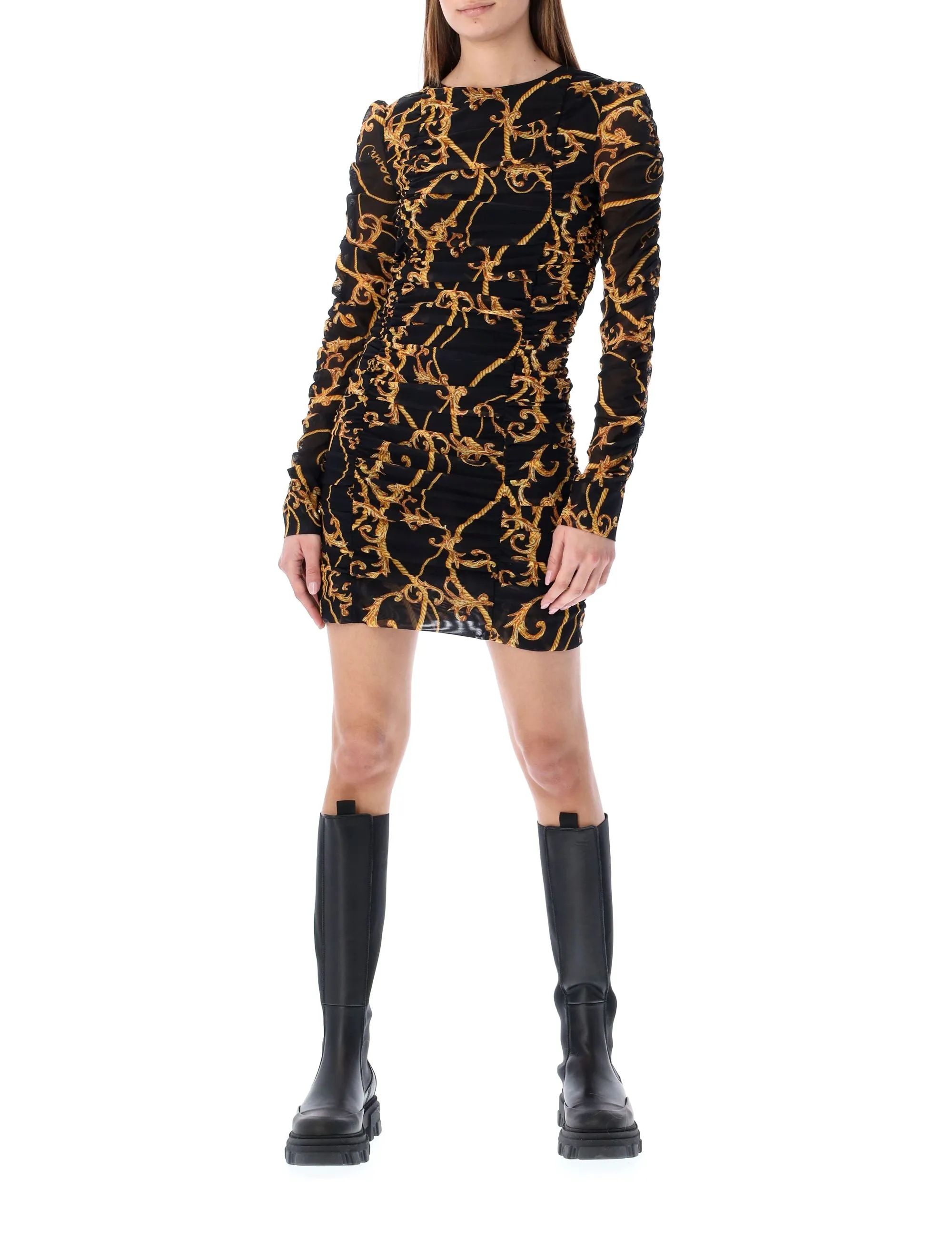 Ganni Chain Printed Ruched Crewneck Mini Dress