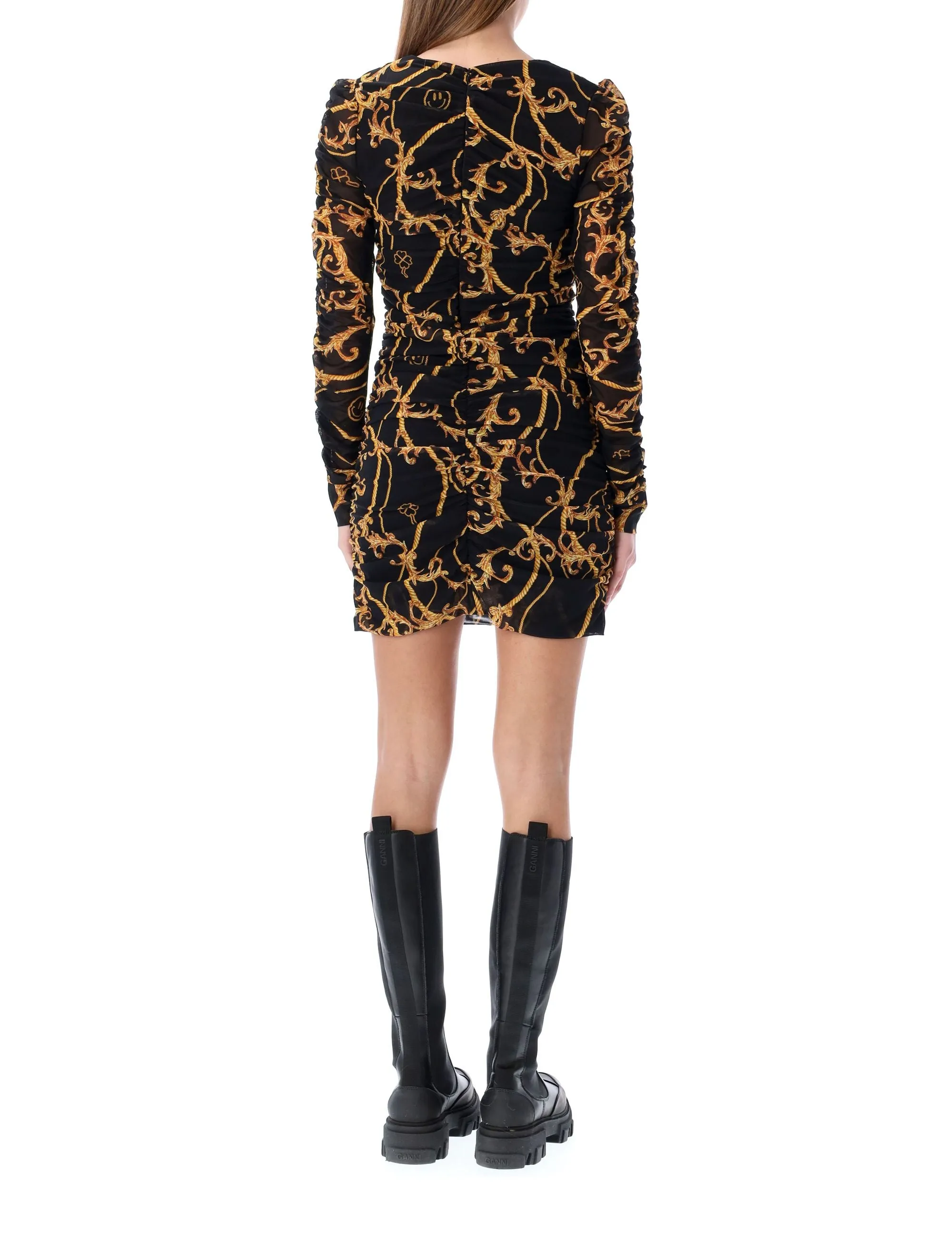 Ganni Chain Printed Ruched Crewneck Mini Dress