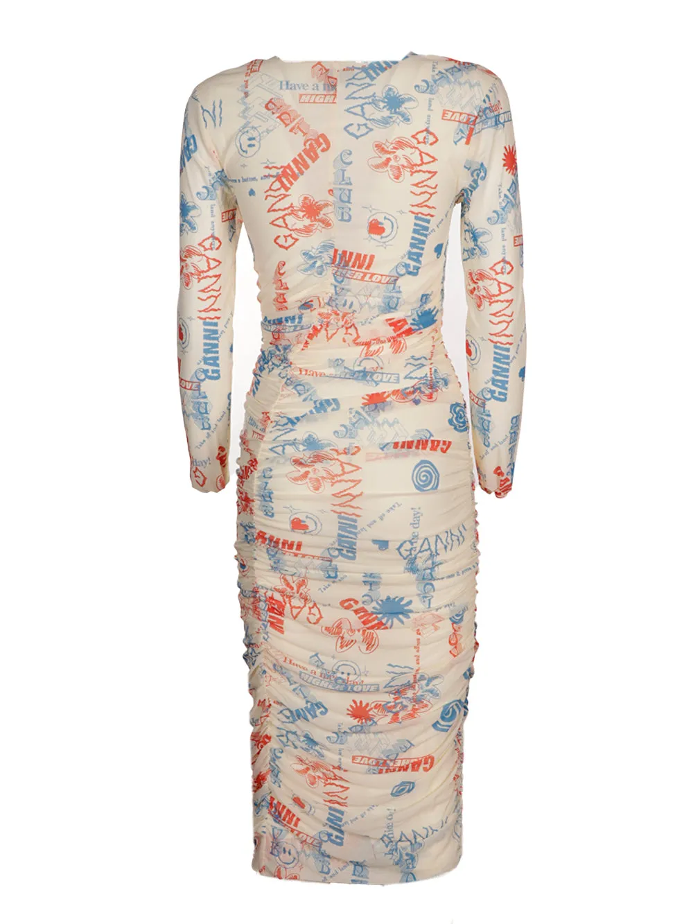 Ganni Ruched Logo Printed Midi Dress