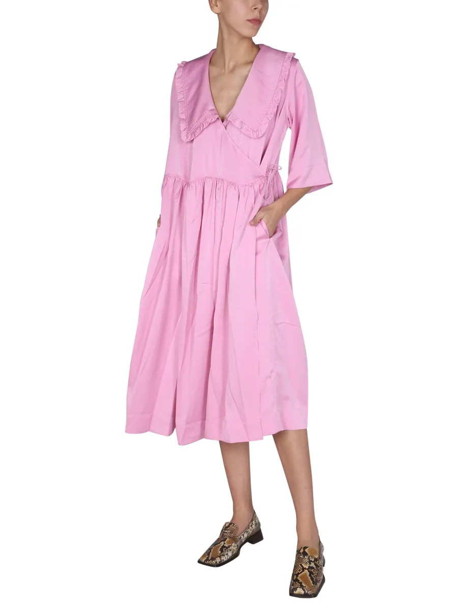 Ganni Ruffled Oversized Satin Wrap Dress
