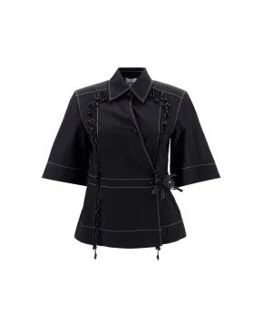 Ganni Short-Sleeved Beaded Wrap-Style Shirt
