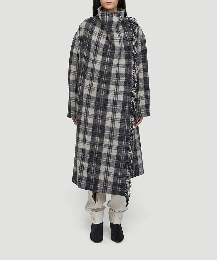 Isabel Marant Fleming Checked Fringed Long-Sleeved Coat