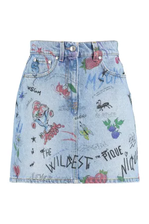 MSGM Graphic Printed Denim Skirt