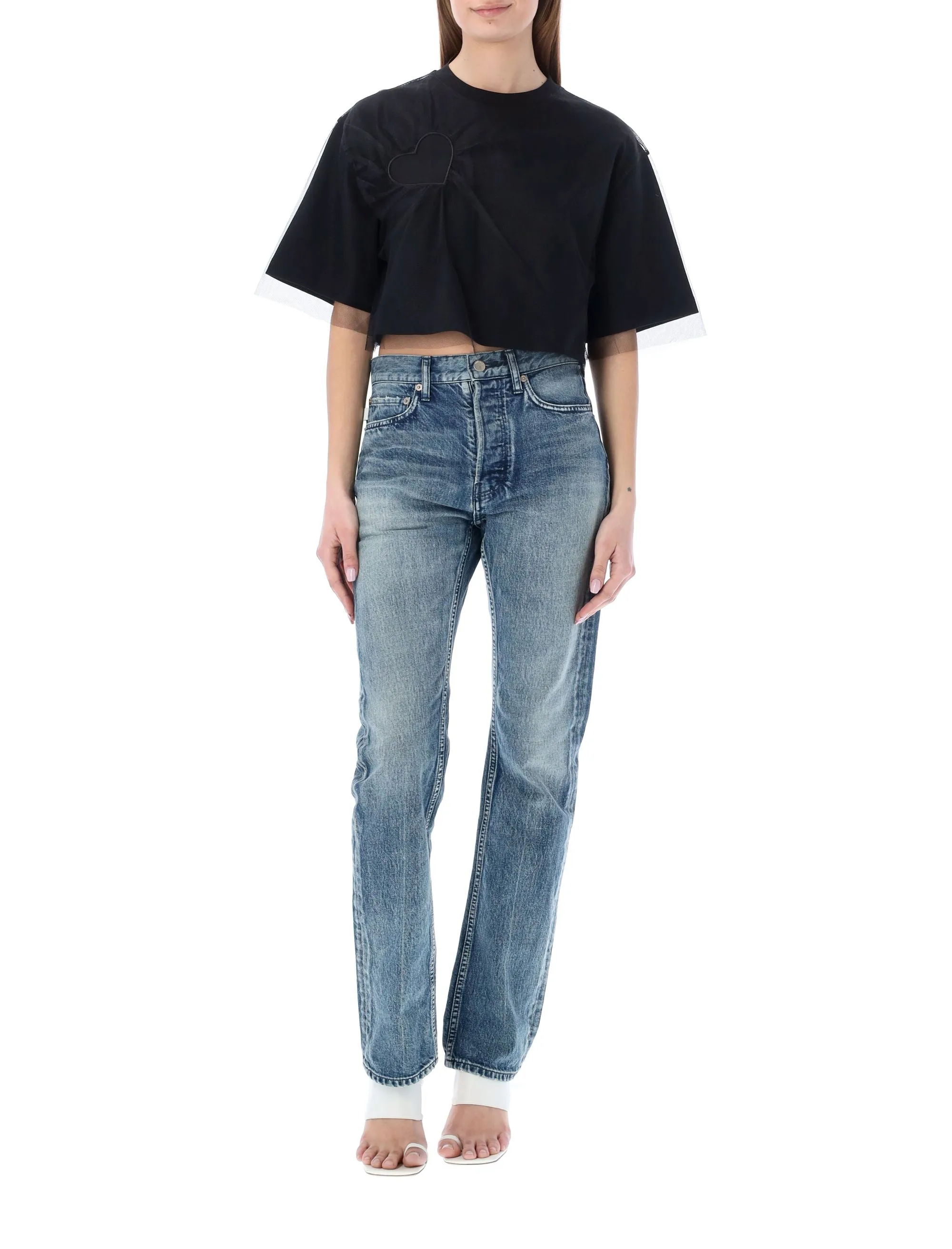 MSGM Heart Patch Tulle Overlay Cropped T-Shirt