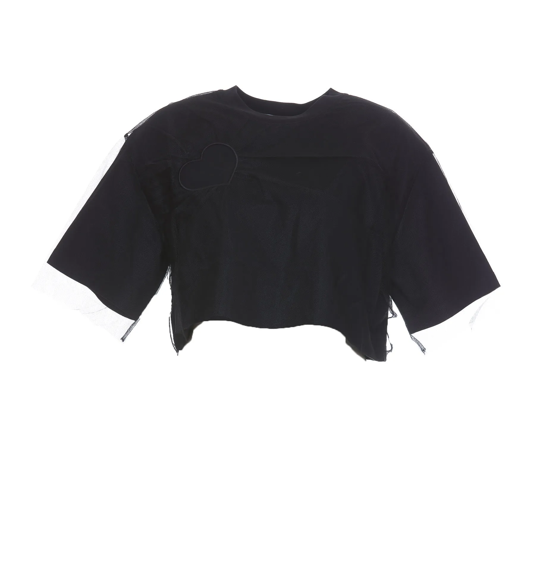MSGM Heart Patch Tulle Overlay Cropped T-Shirt
