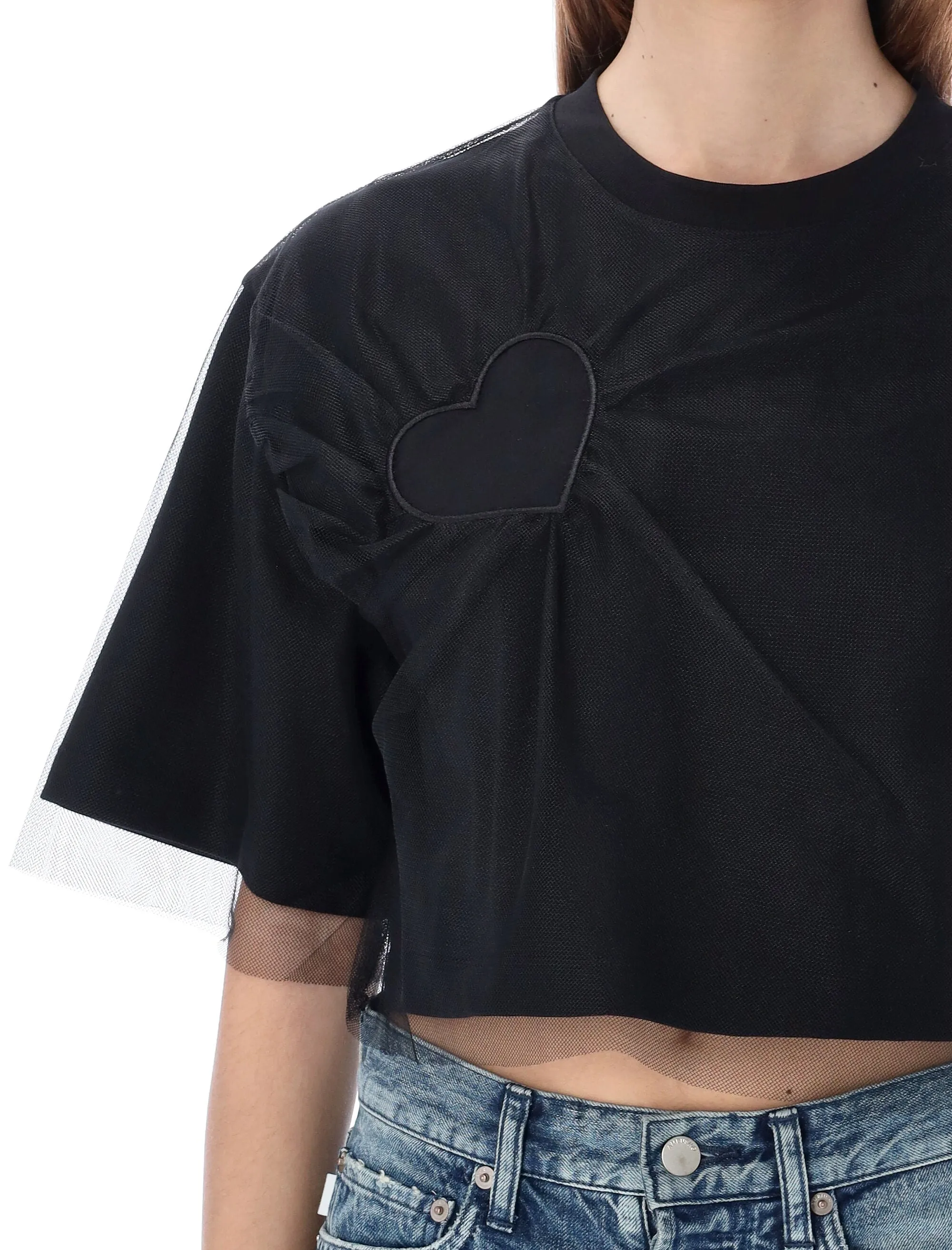 MSGM Heart Patch Tulle Overlay Cropped T-Shirt