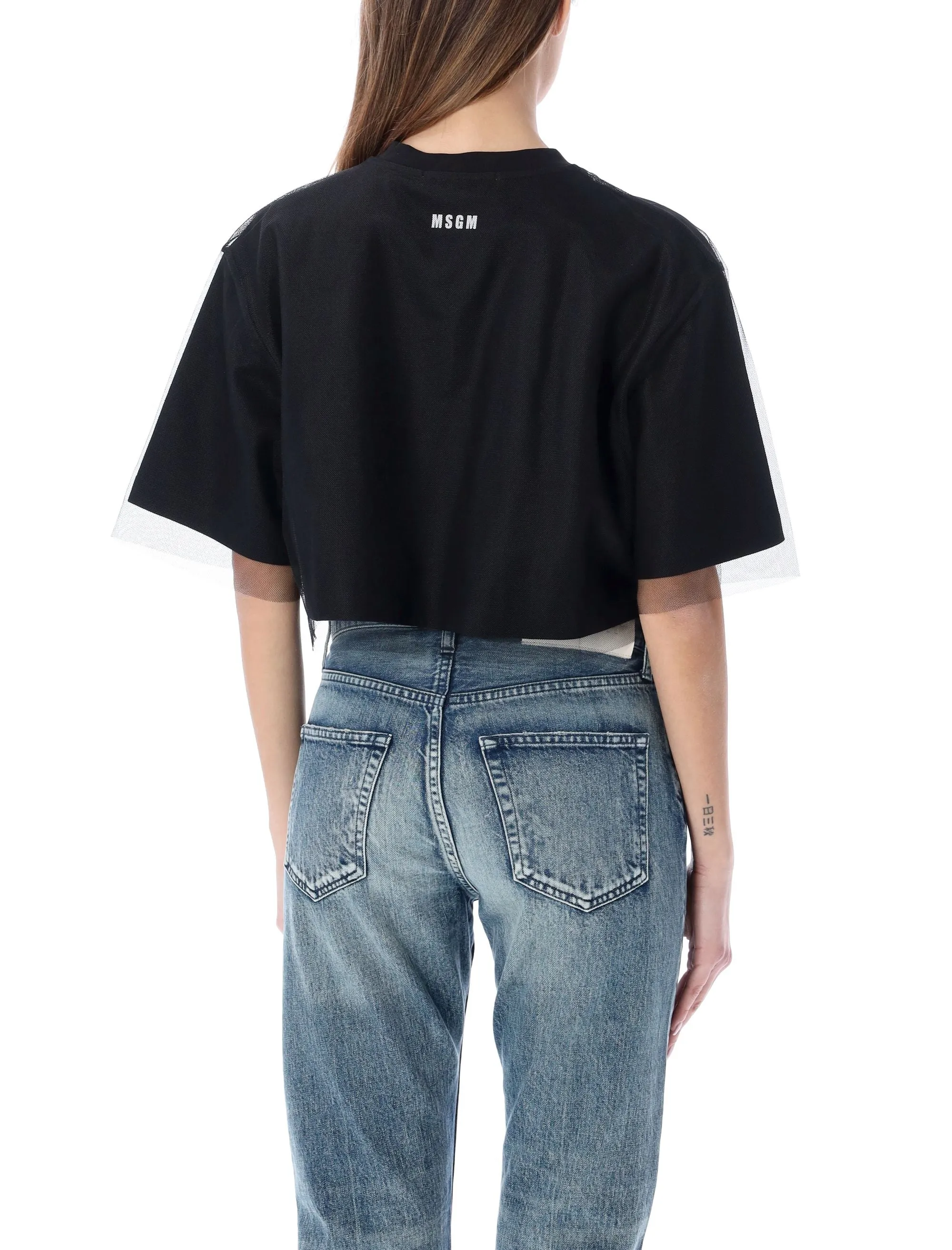 MSGM Heart Patch Tulle Overlay Cropped T-Shirt