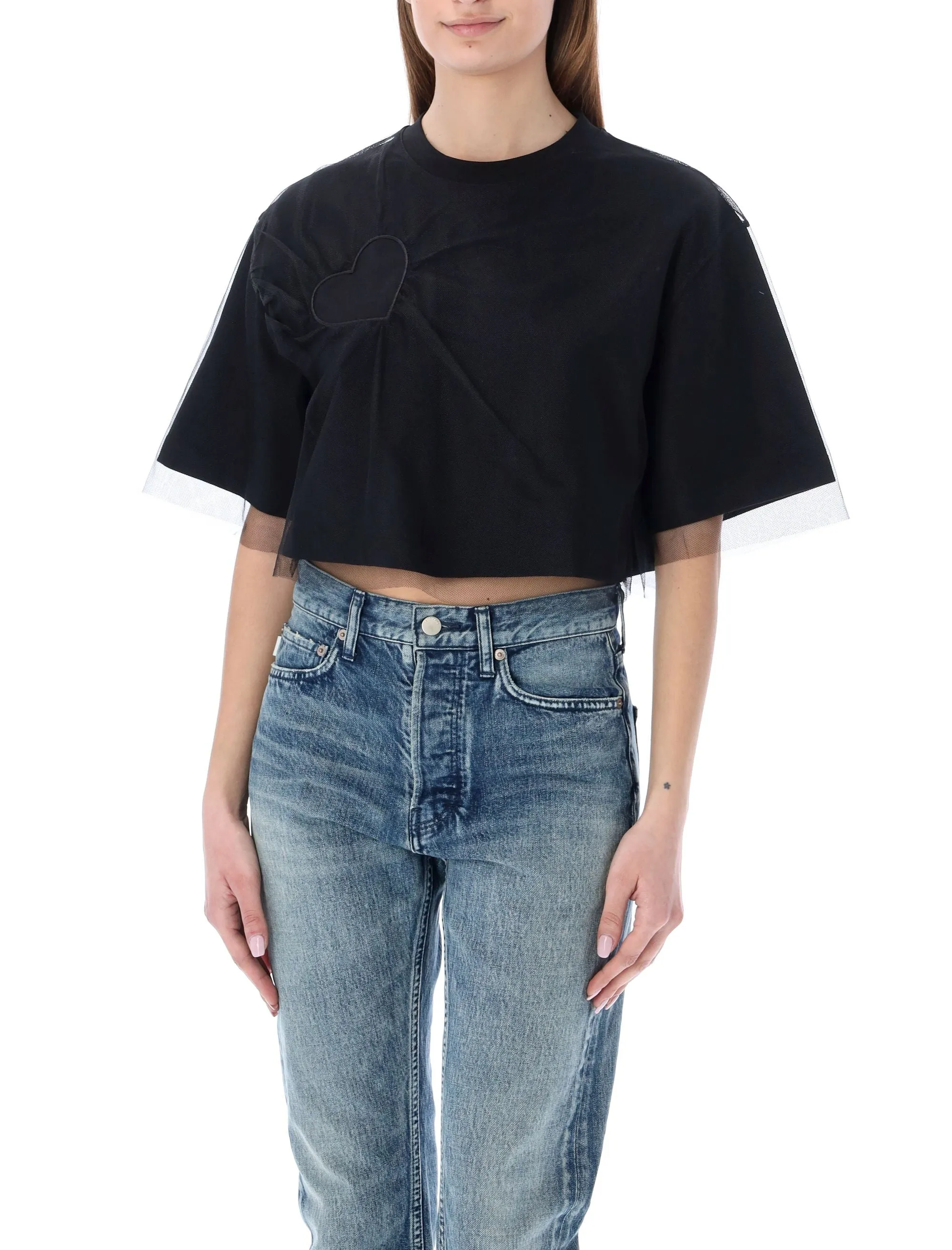 MSGM Heart Patch Tulle Overlay Cropped T-Shirt