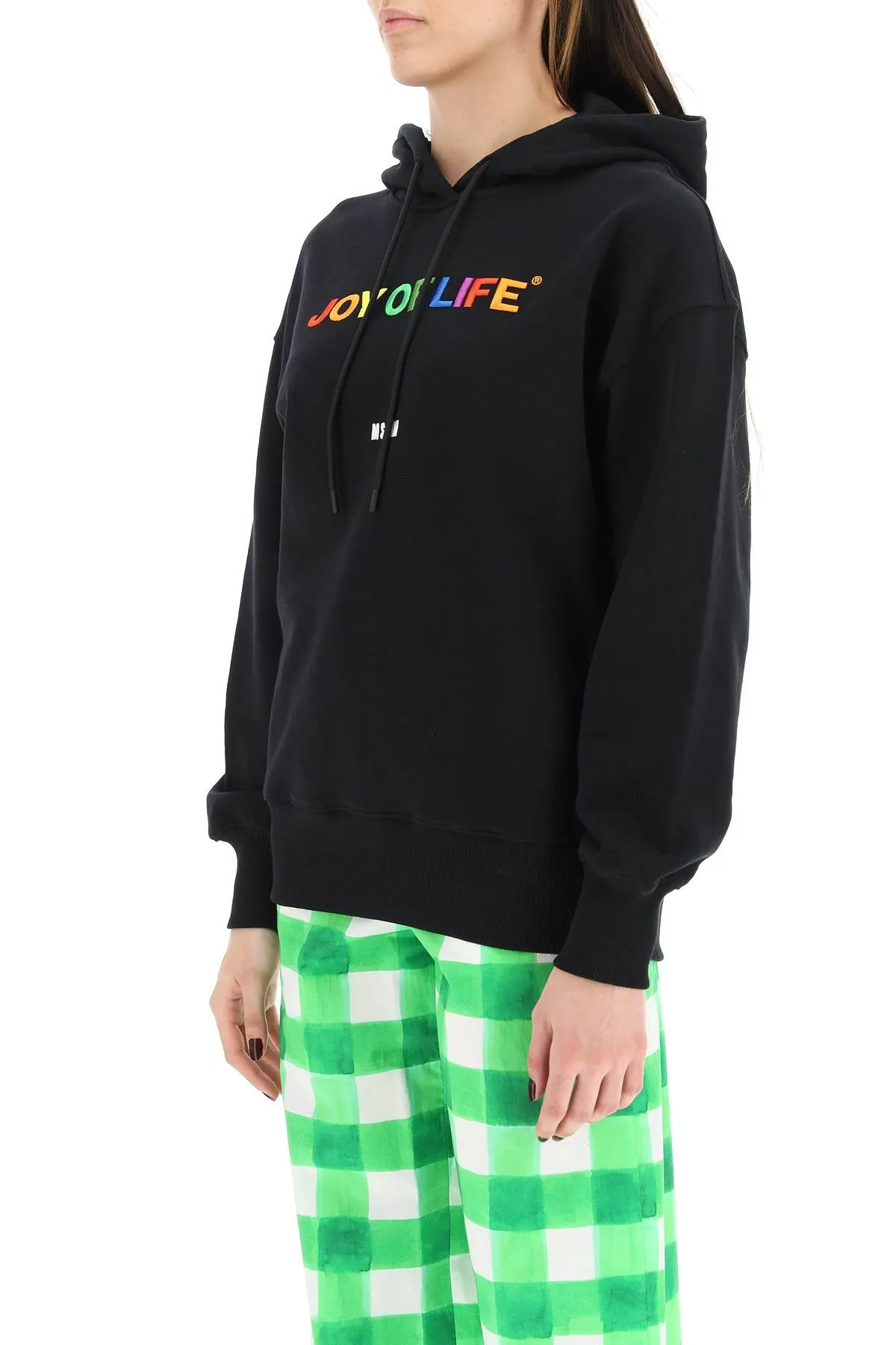 MSGM Joy Of Life Slogan Embroidered Drawstring Hoodie