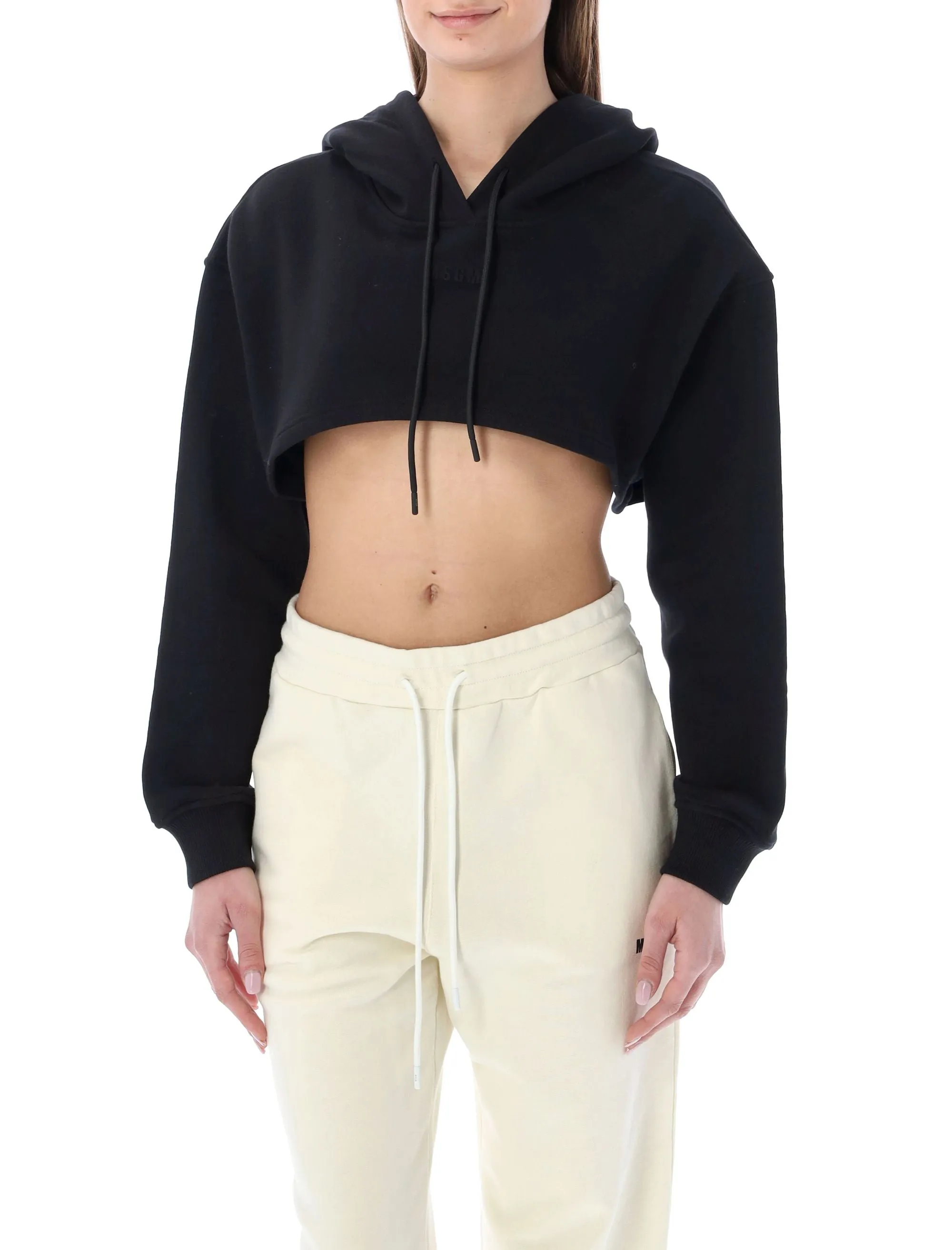 MSGM Logo Embossed Cropped Drawstring Hoodie