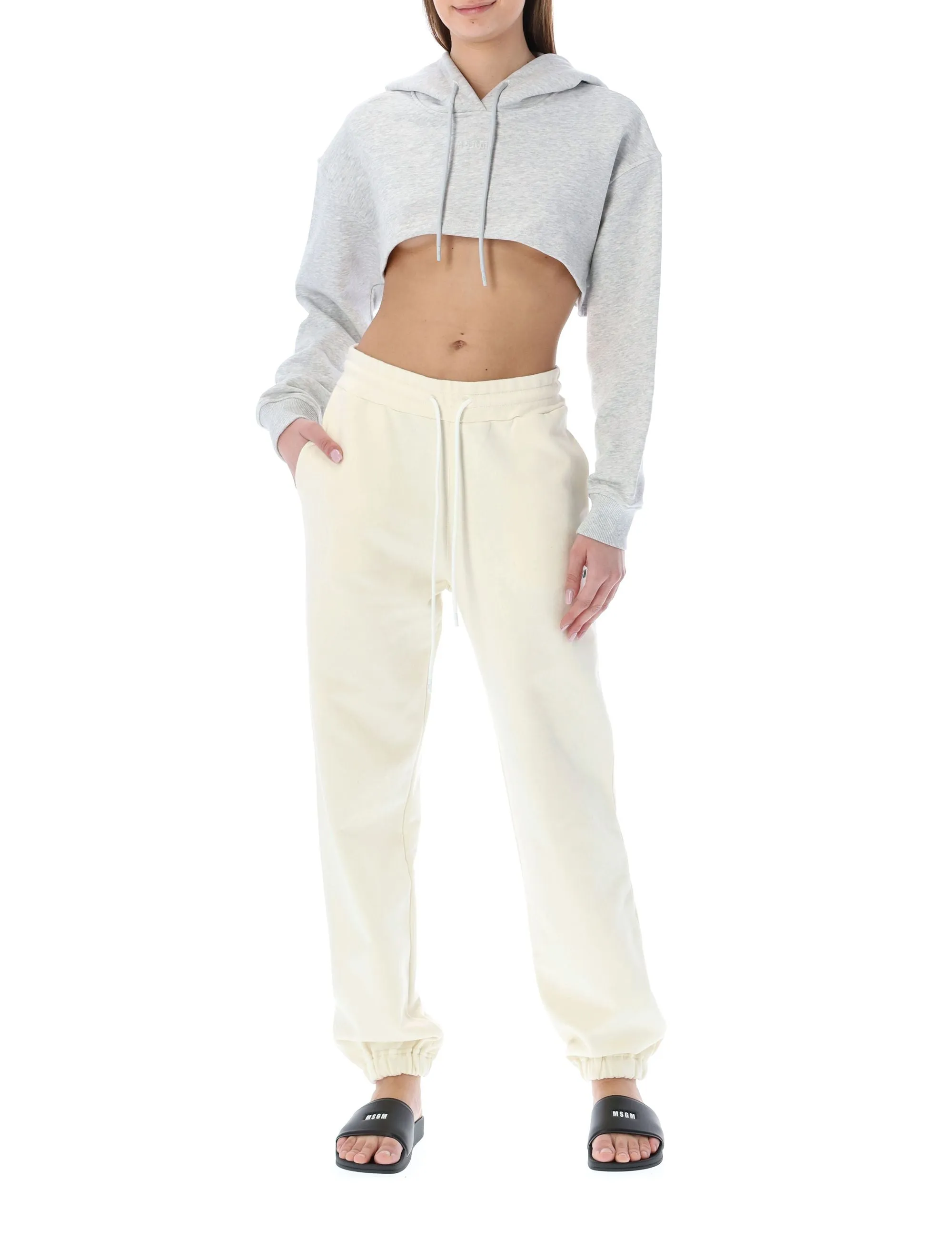 MSGM Logo Embossed Cropped Drawstring Hoodie