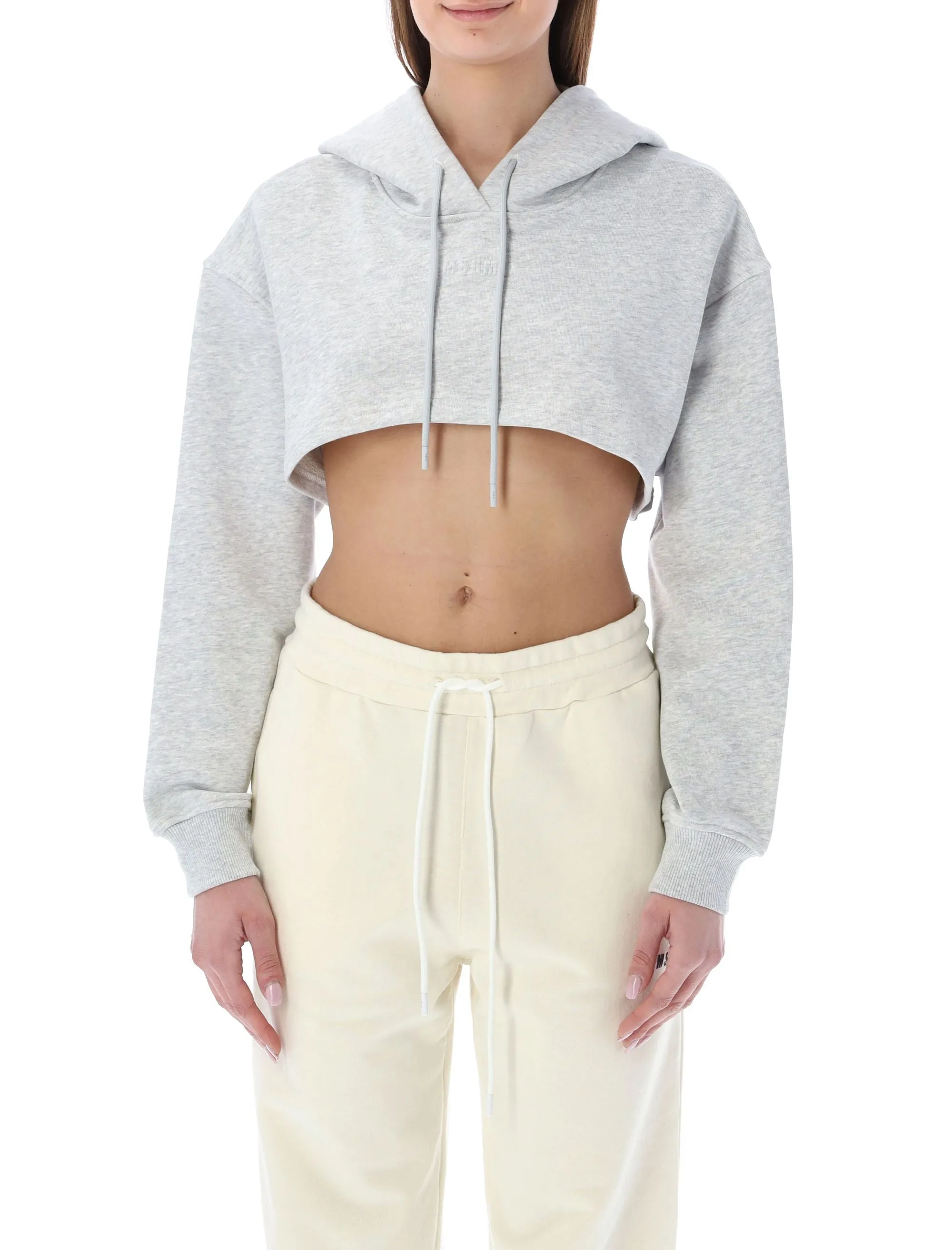 MSGM Logo Embossed Cropped Drawstring Hoodie
