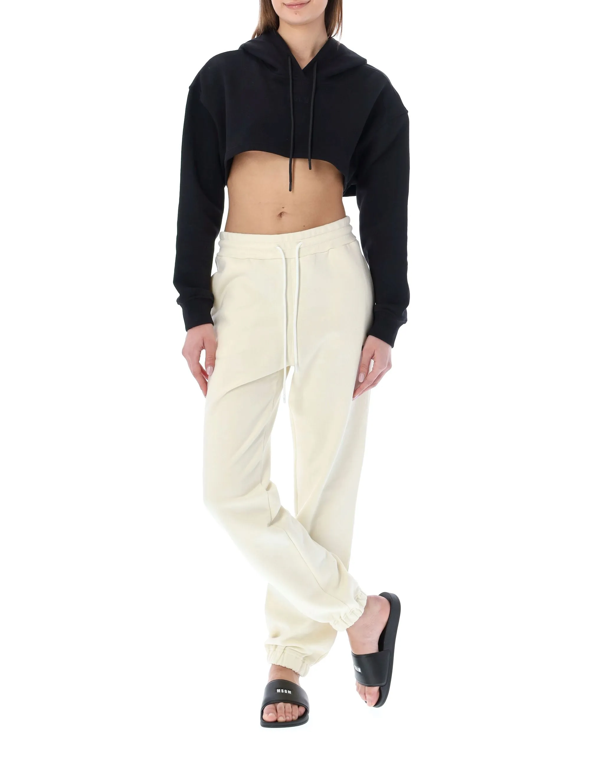 MSGM Logo Embossed Cropped Drawstring Hoodie