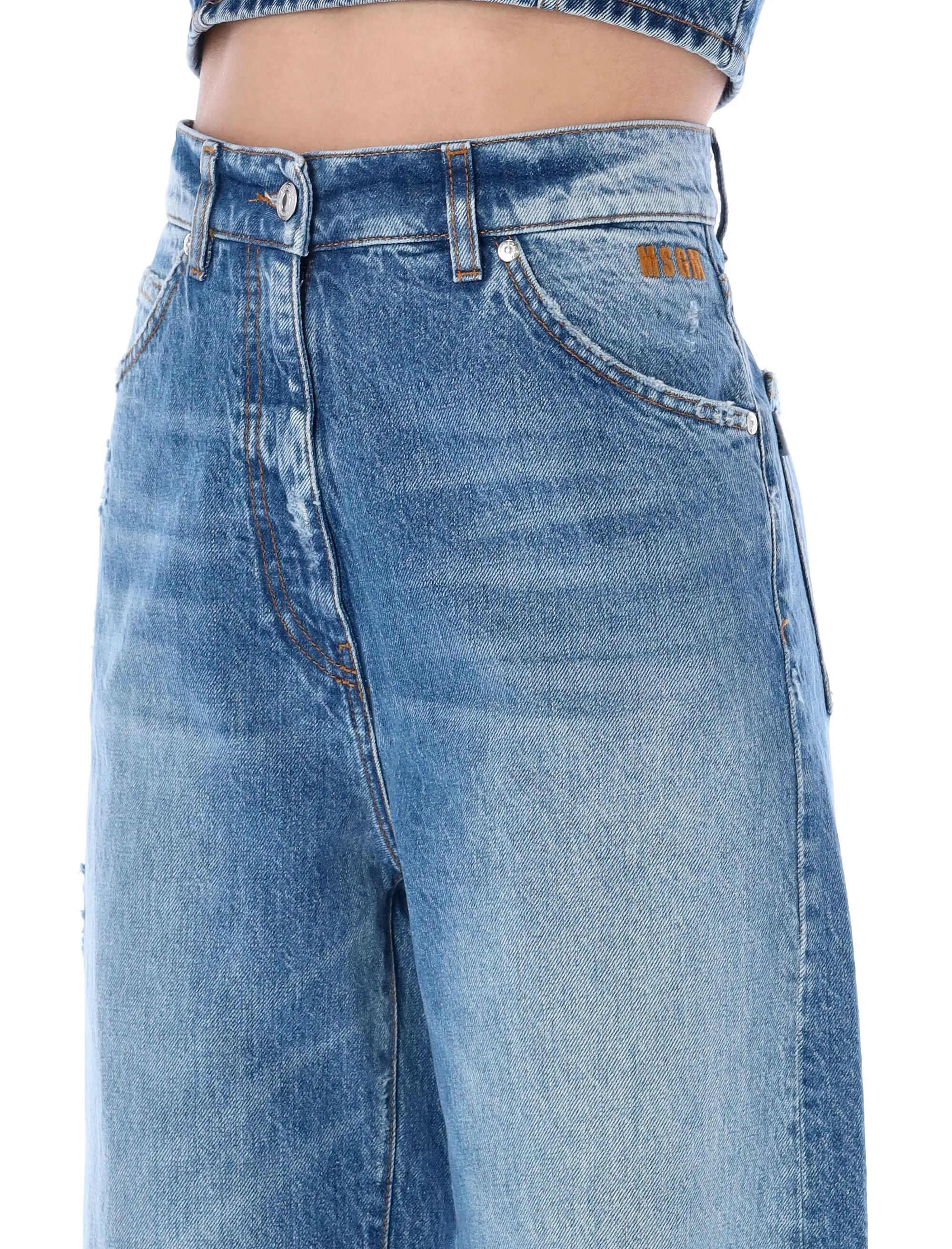 MSGM Logo Embroidered Distressed Flared Jeans