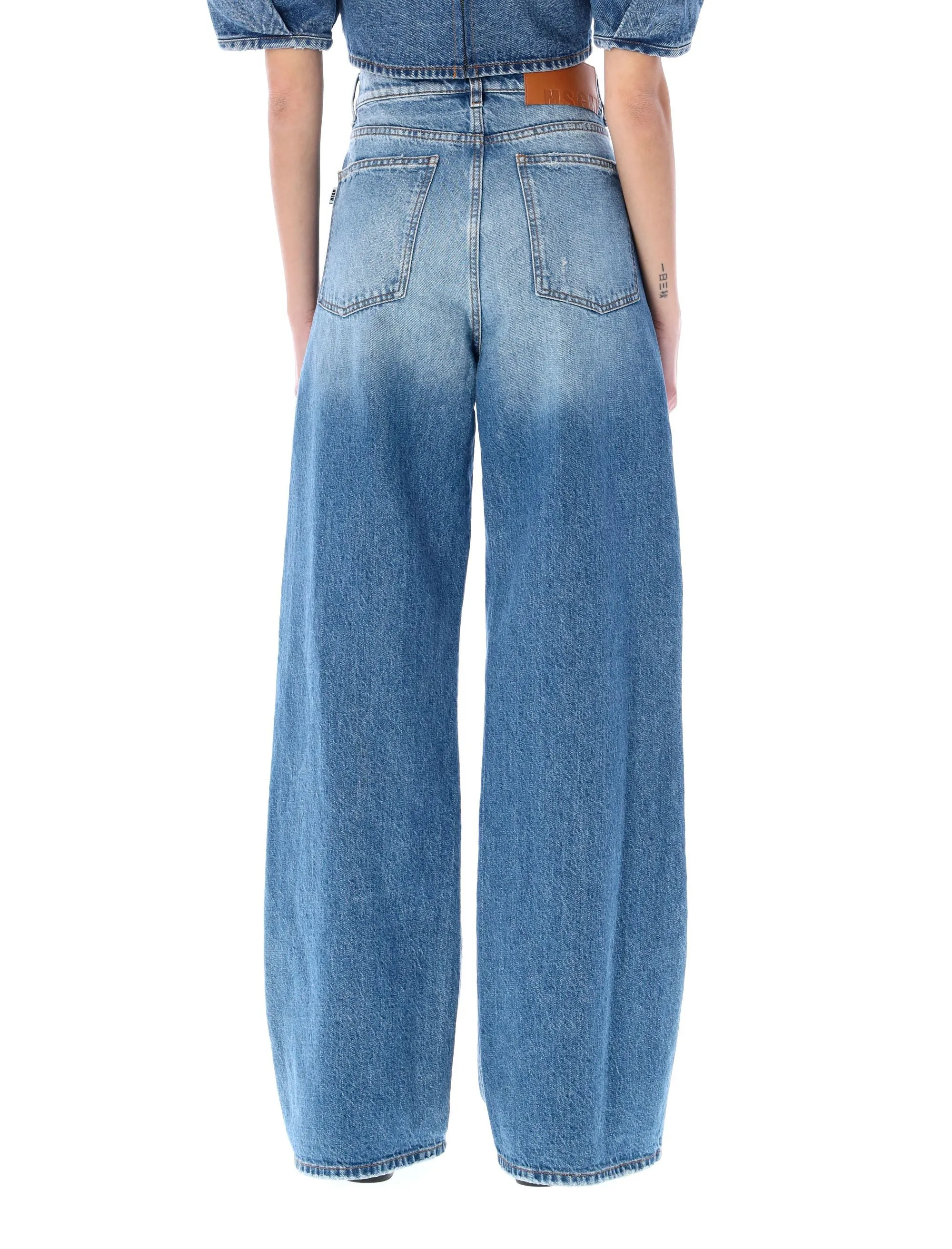 MSGM Logo Embroidered Distressed Flared Jeans