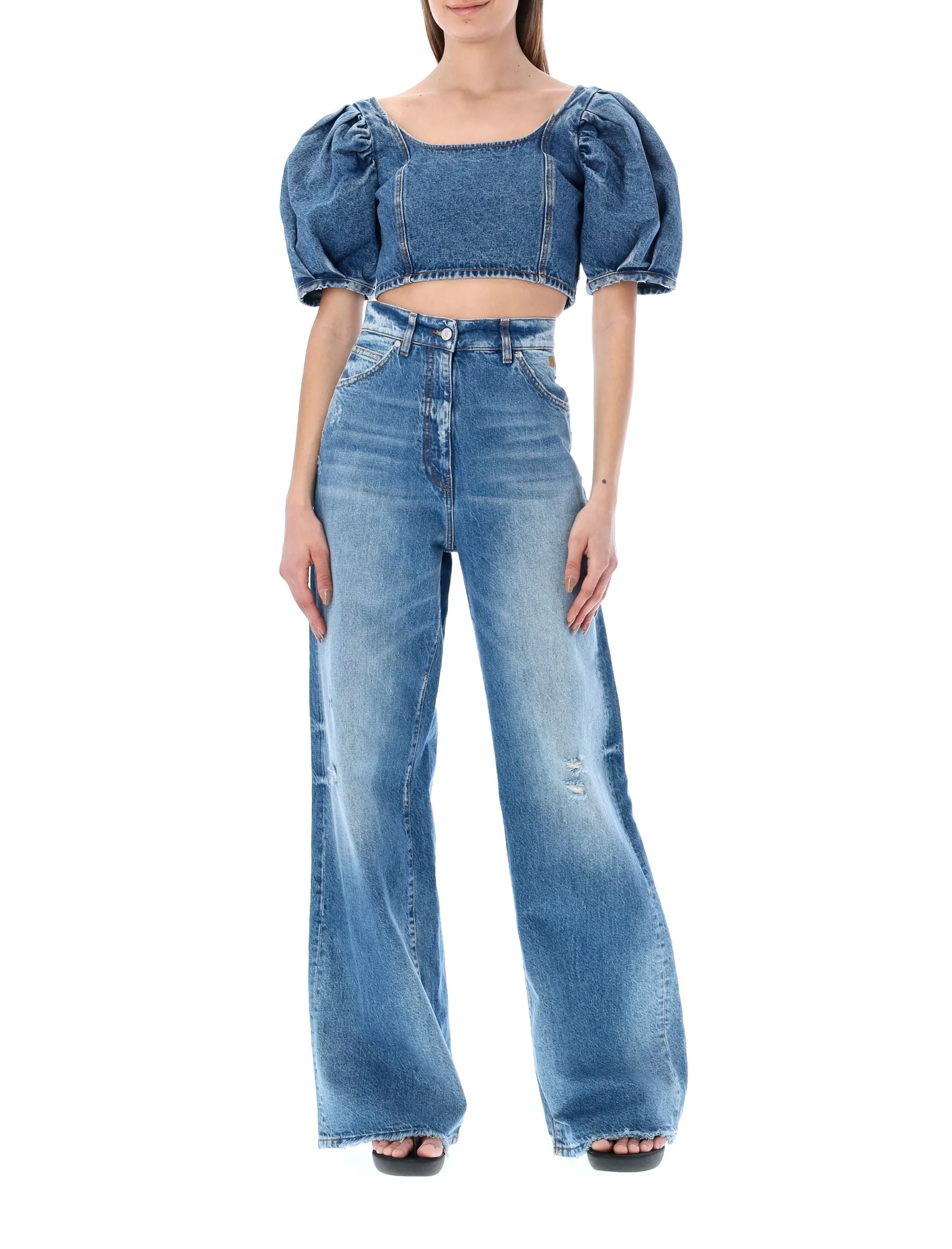 MSGM Logo Embroidered Distressed Flared Jeans