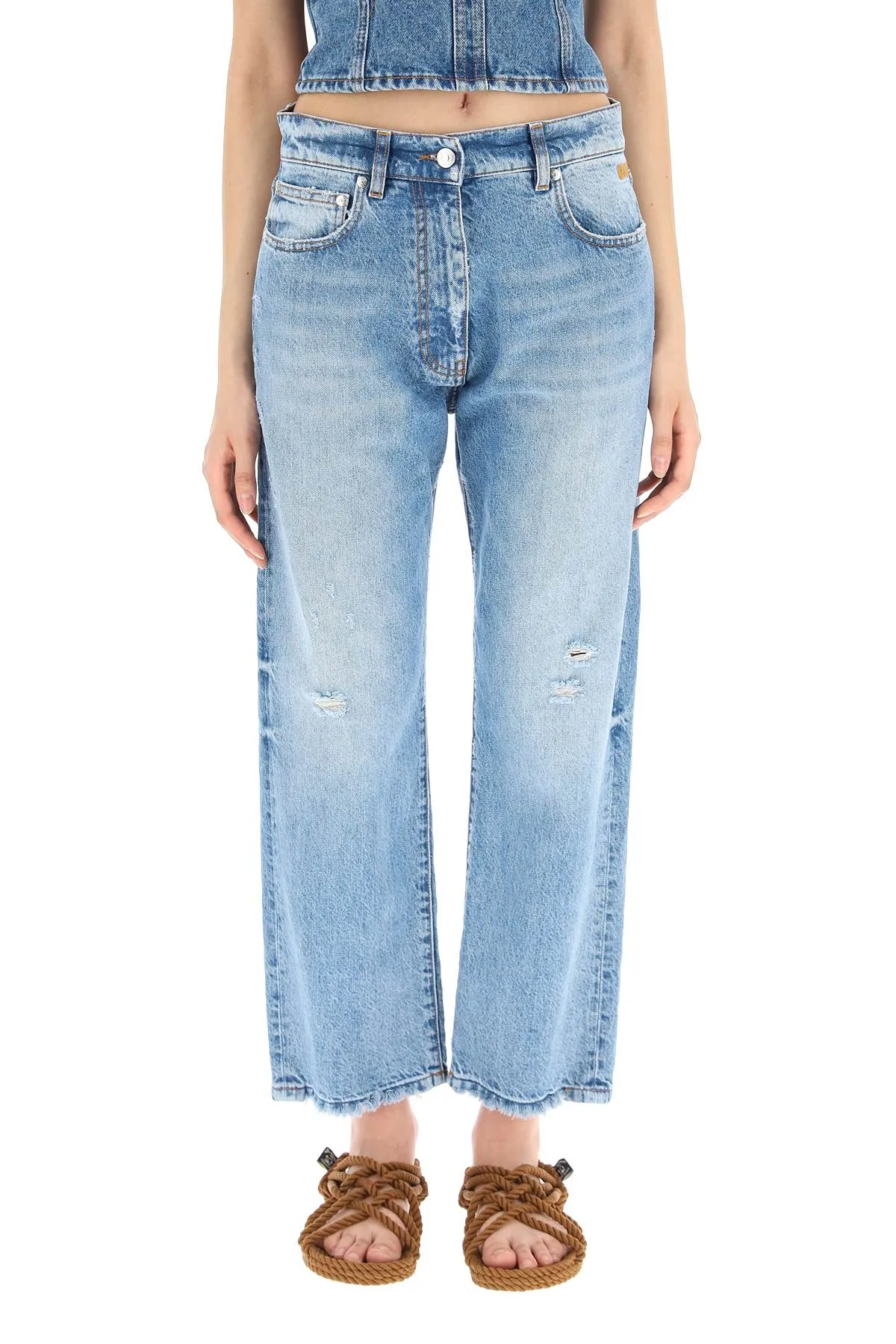 MSGM Logo Embroidered Frayed Hem Jeans