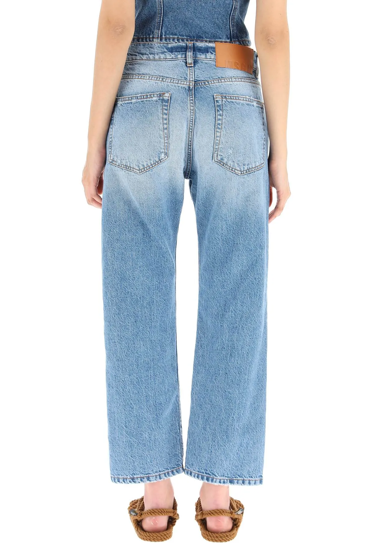 MSGM Logo Embroidered Frayed Hem Jeans