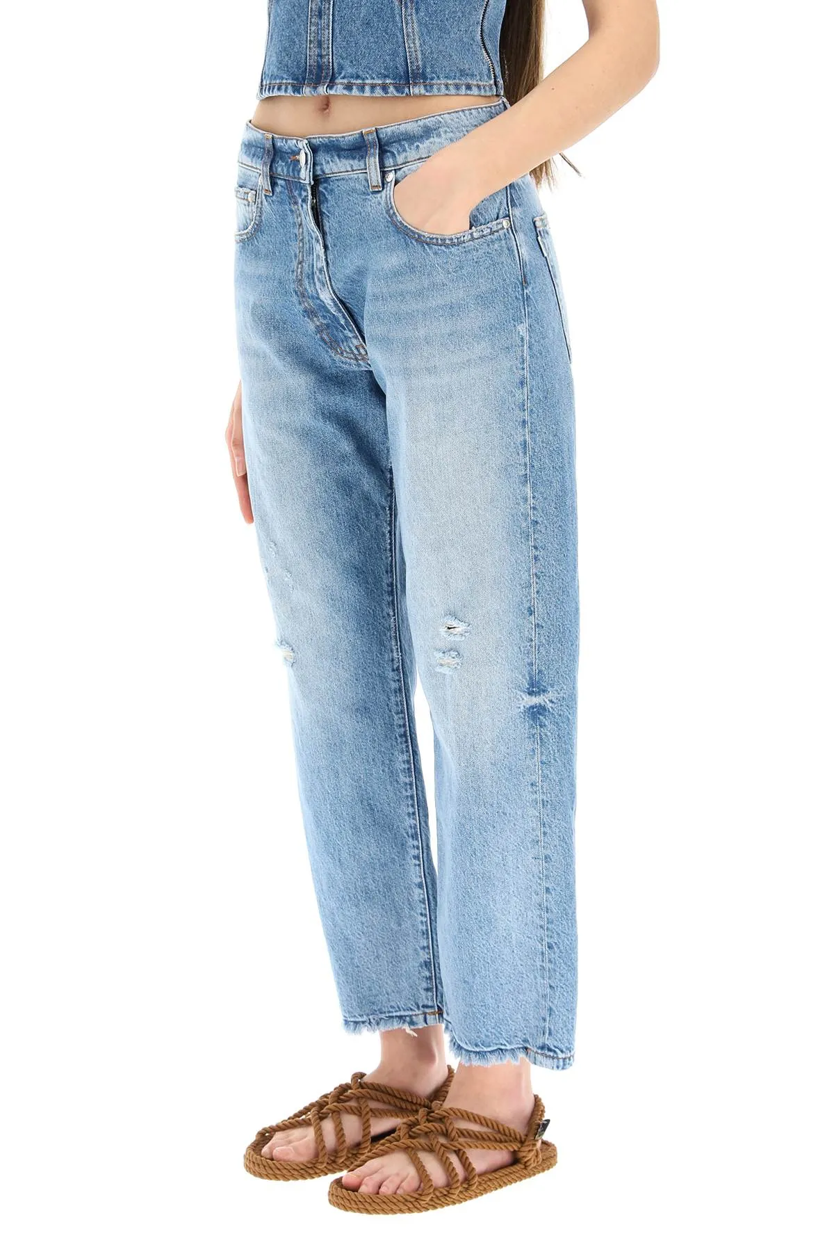 MSGM Logo Embroidered Frayed Hem Jeans