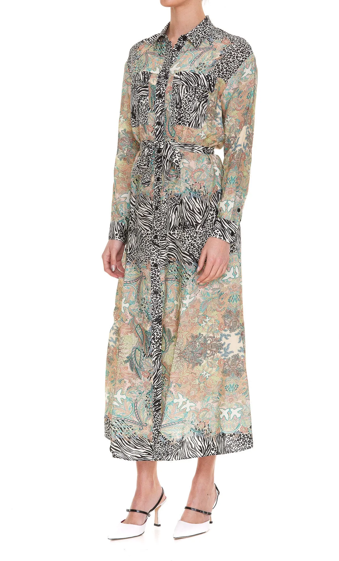 Pinko Mix Printed Buttoned Midi Dress