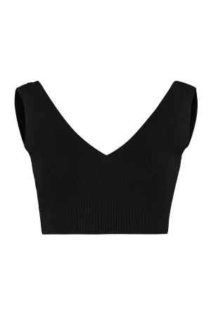 Pinko Ribbed Knit Cropped V-Neck Top