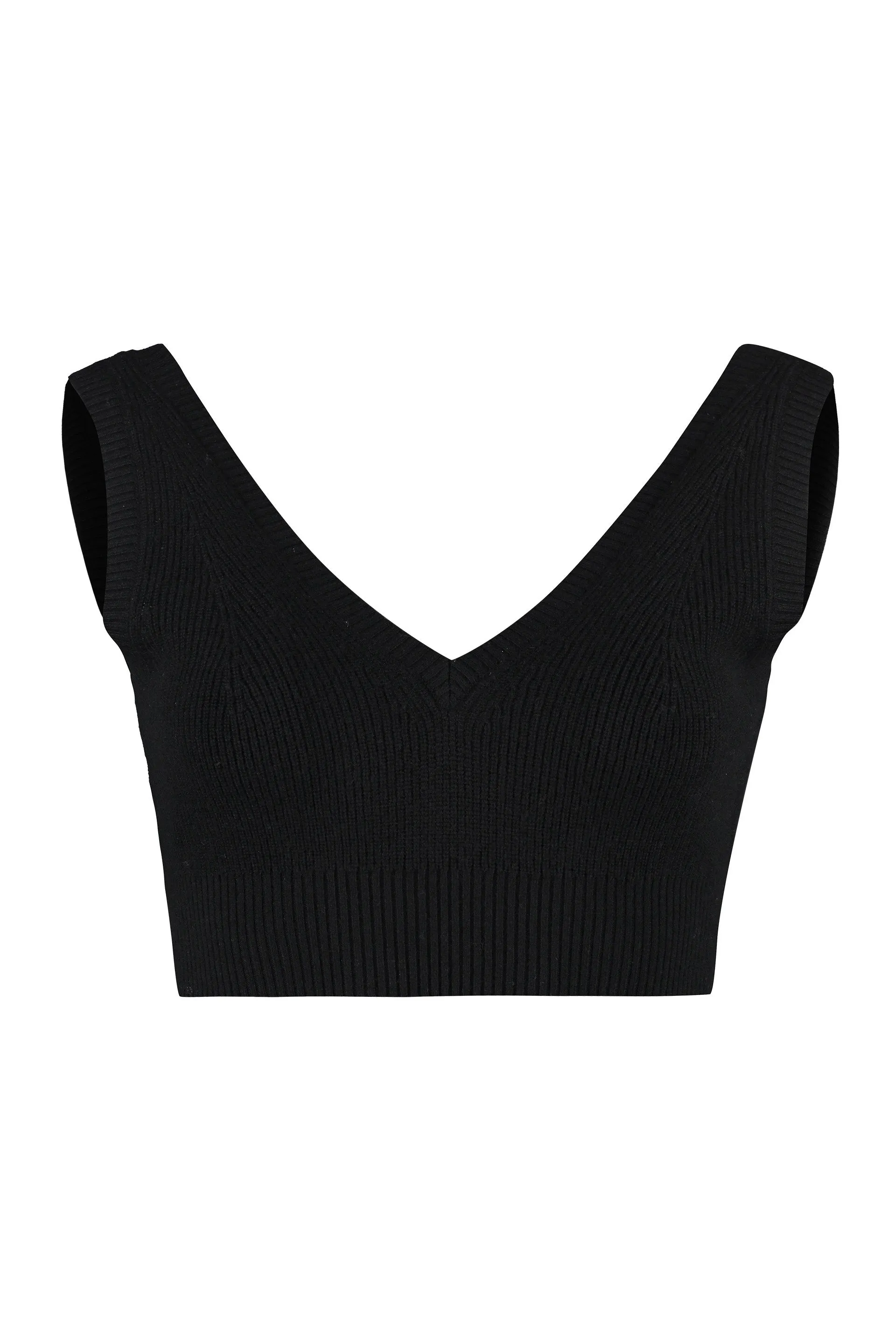 Pinko Ribbed Knit Cropped V-Neck Top