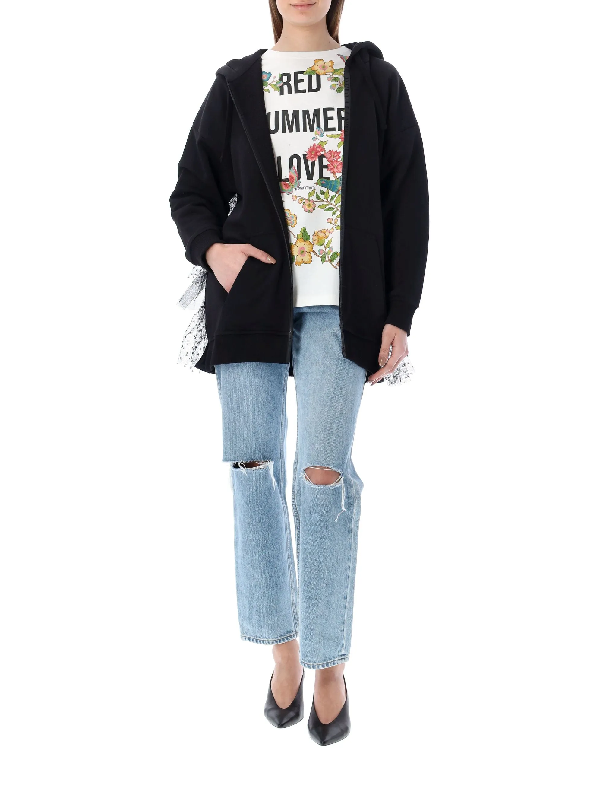 REDValentino Ruffle Tulle Detailed Zipped Hoodie