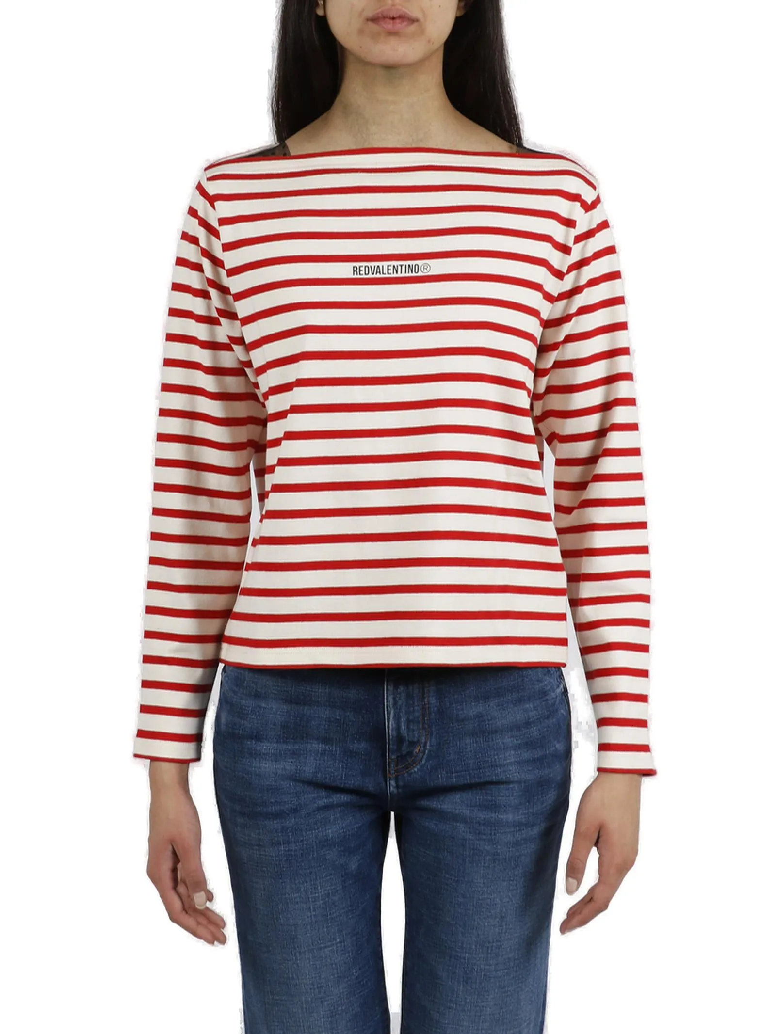 REDValentino Striped Logo Print Long-Sleeved T-Shirt