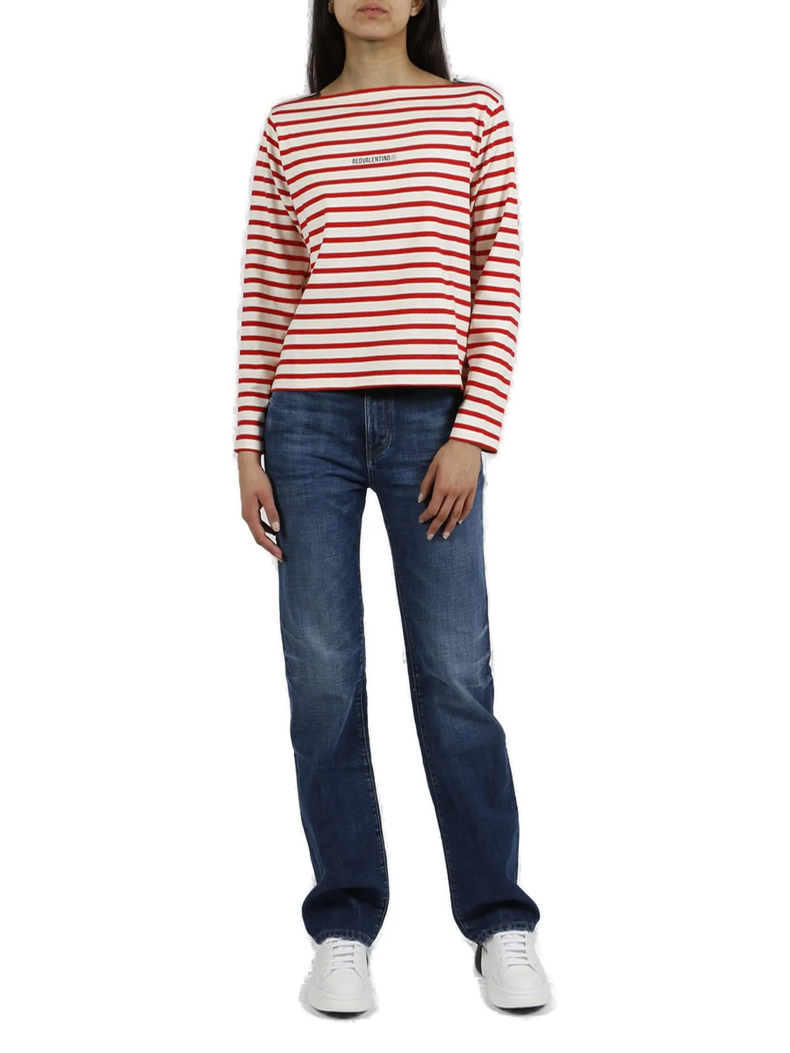 REDValentino Striped Logo Print Long-Sleeved T-Shirt