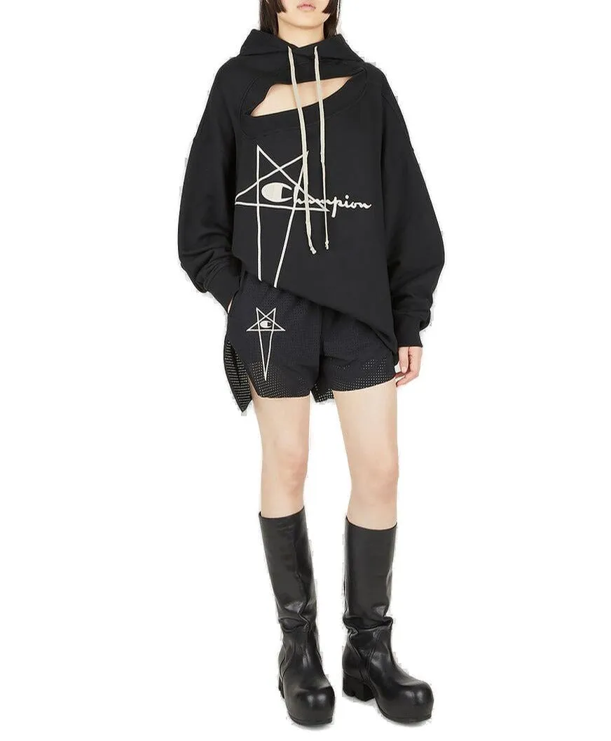 Rick Owens X Champion Logo Embroidered Drawstring Hoodie