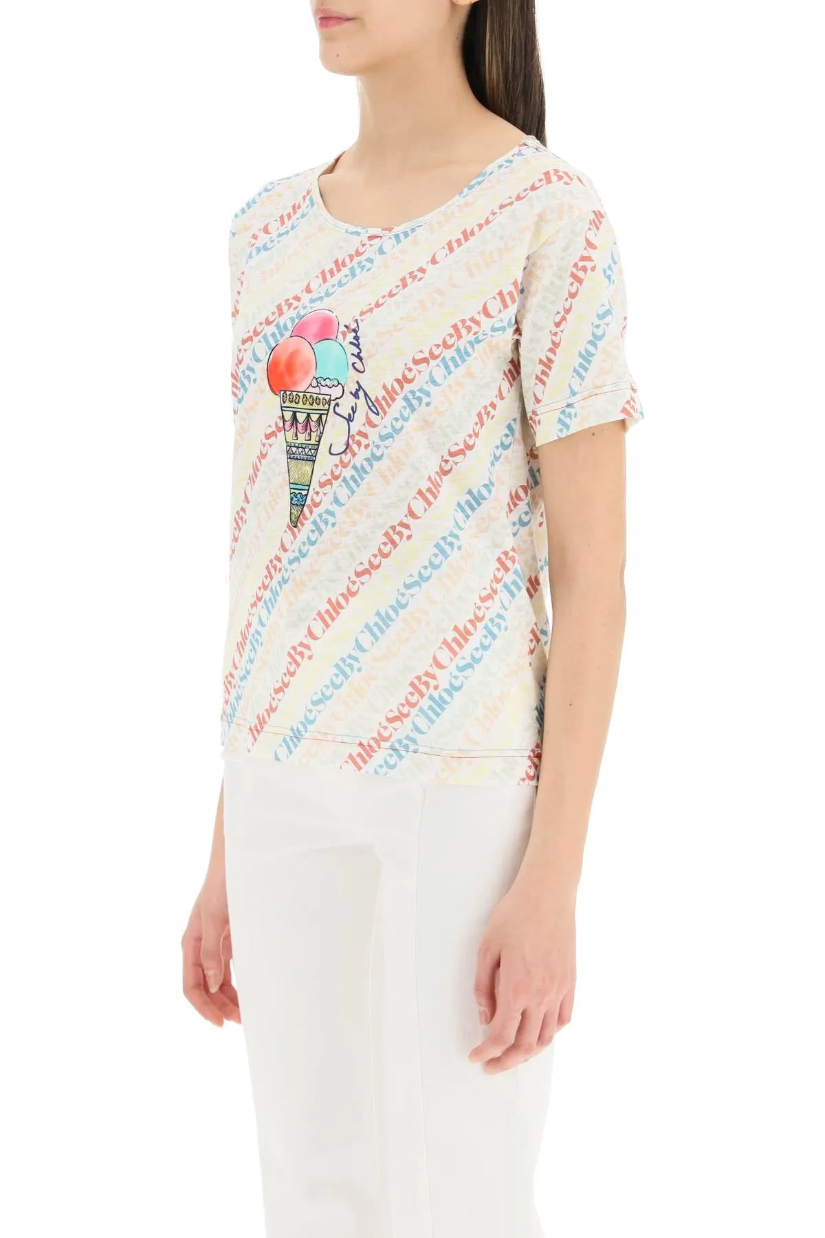 See By Chlo Allover Logo Printed Crewneck T-Shirt